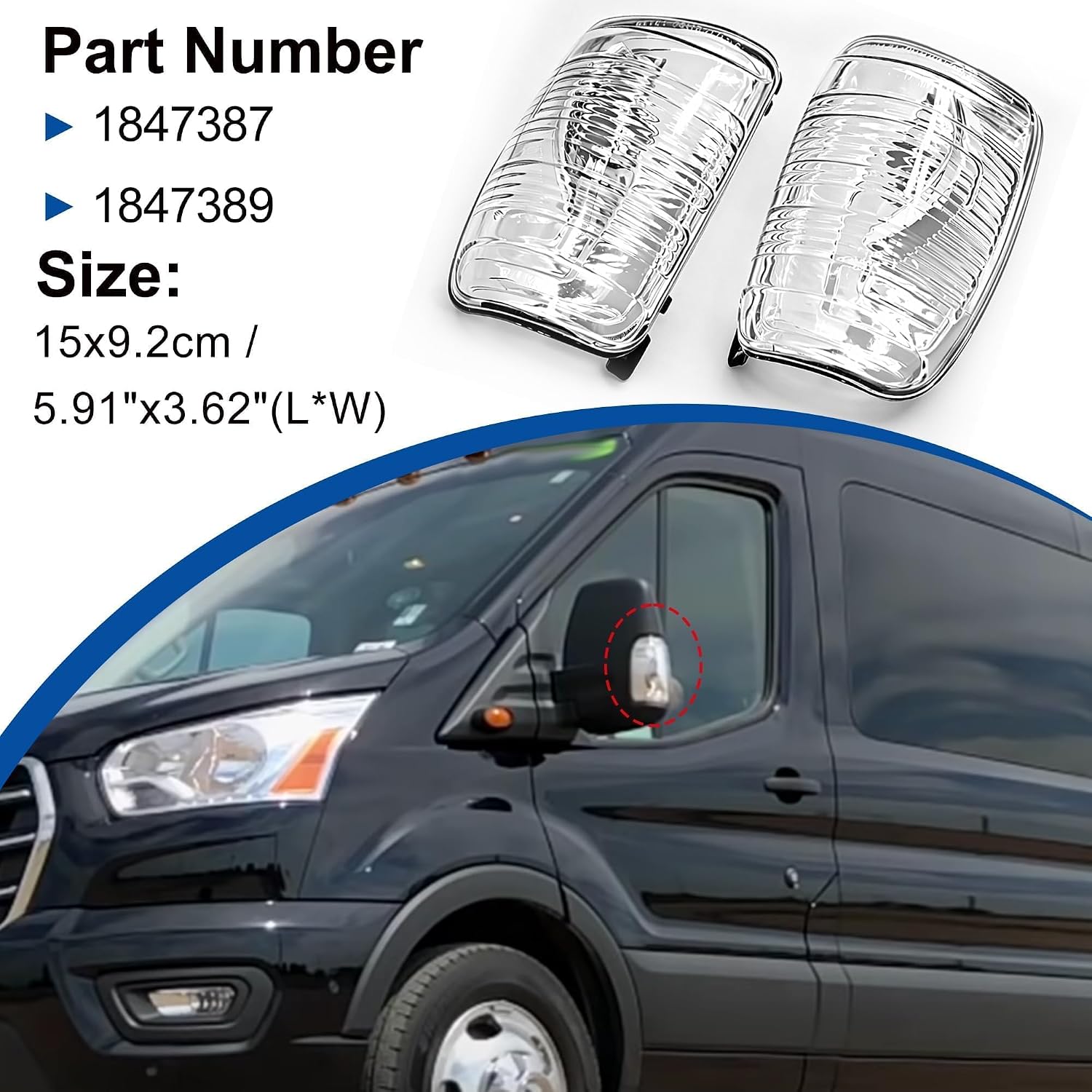 2 PCS Wing Mirror Left Driver & Right Passenger Side Turn Signal Light Indicator Lamp Lens Cover 1847387 1847389 for Ford Transit T150 250 350 2015-2026 MK8 2014 Onwards