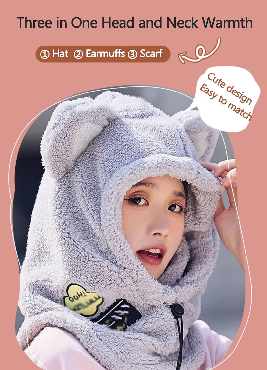 Girl Outdoor Sports Helmet Covers with Cute Ears, Winter Electric Street Ski Plush Windproof Scarf Mask Ear Warm Hat