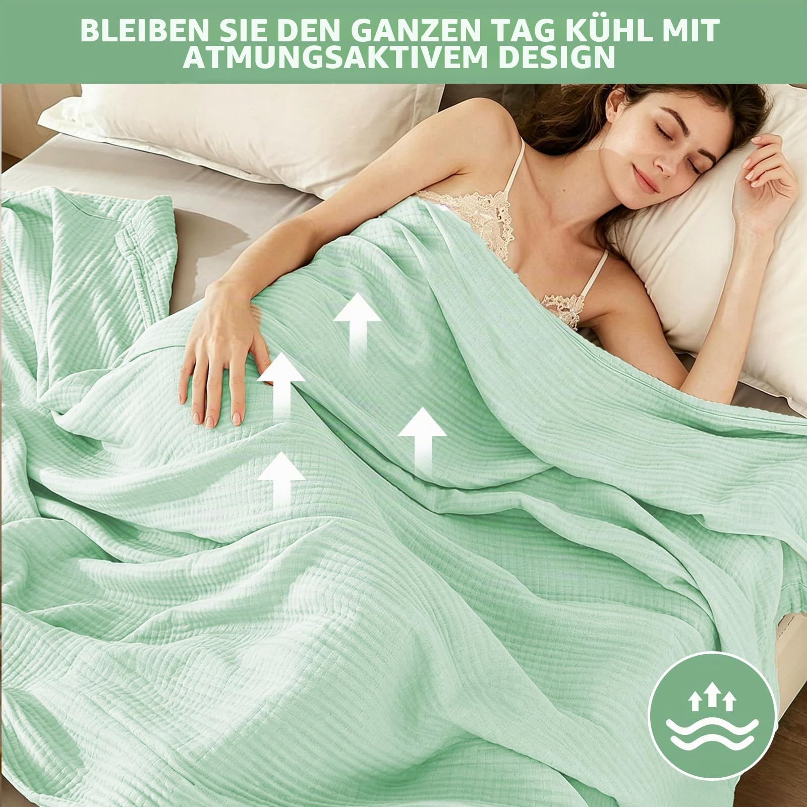 Musselin Decke 150x200 cm – 100% Baumwolle, 6-Lagige Weiche Sommerdecke, Atmungsaktive Dünne Kuscheldecke für Bett & Sofa, Tagesdecke Couch Überwurf (Hellgrün)