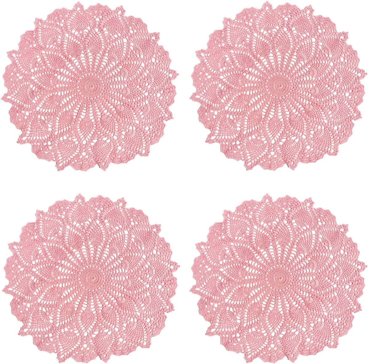 BIBITIME Easter Mother's Day Lace Placemats Table Doilies Round Handmade Crochet Doily Kitchen Cup Mug Mats (Pink-4pcs, 16 to 18 inches-4PCS)