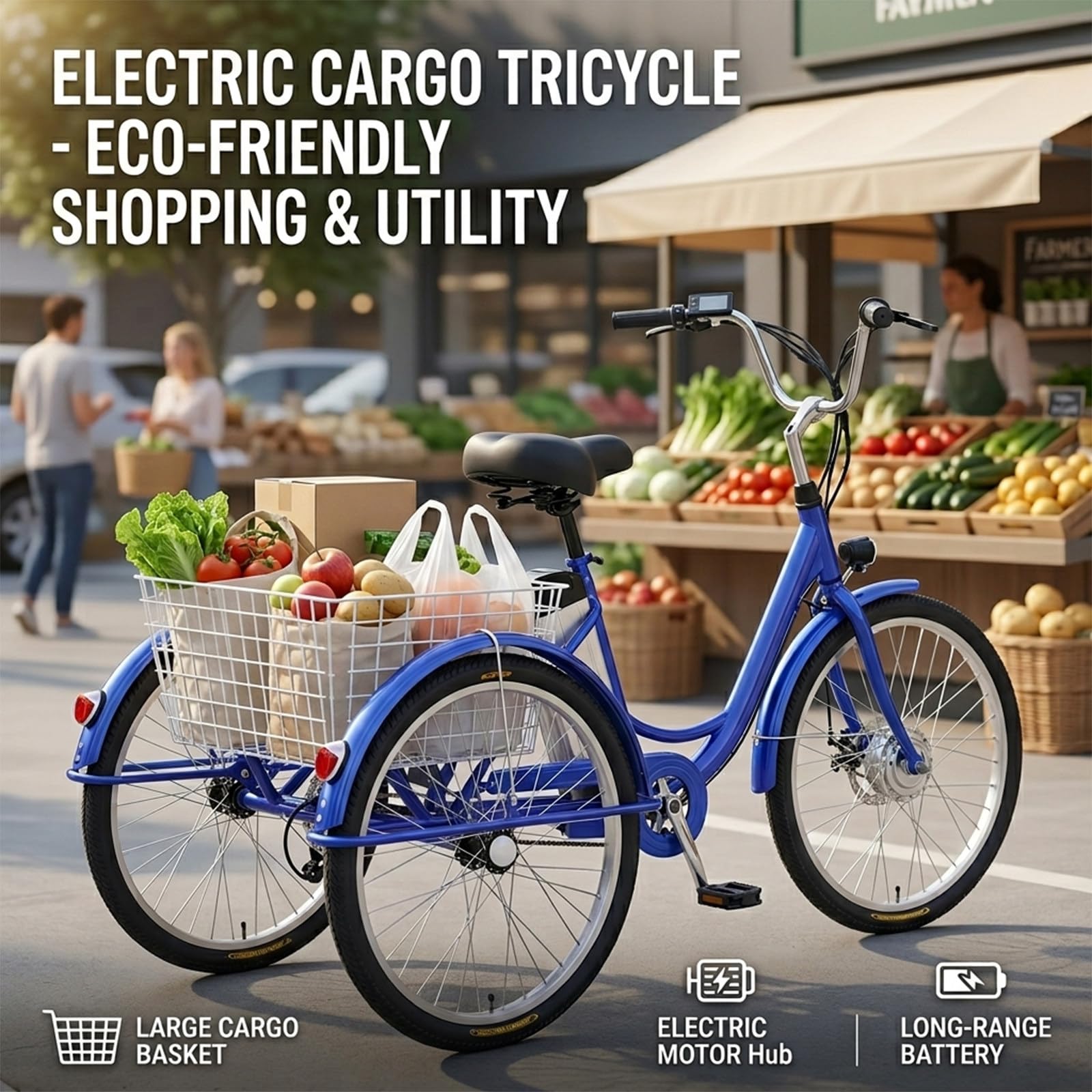 Triciclo elettrico per adulti a 3 ruote, ruote da 24", telaio ribassato, batteria rimovibile, display digitale e cestini portaoggetti per la spesa quotidiana, blu.