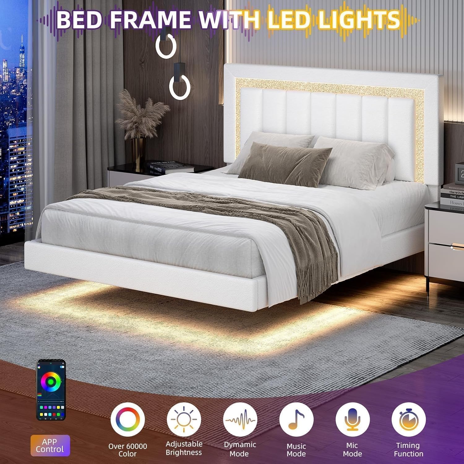 HOMBCK Floating Bed Frame Queen with Smart LED Lights, Faux Leather Upholstered Bed with Diamond PU Headboard, No Box Spring Needed, Noise-Free, Easy Assembly, White