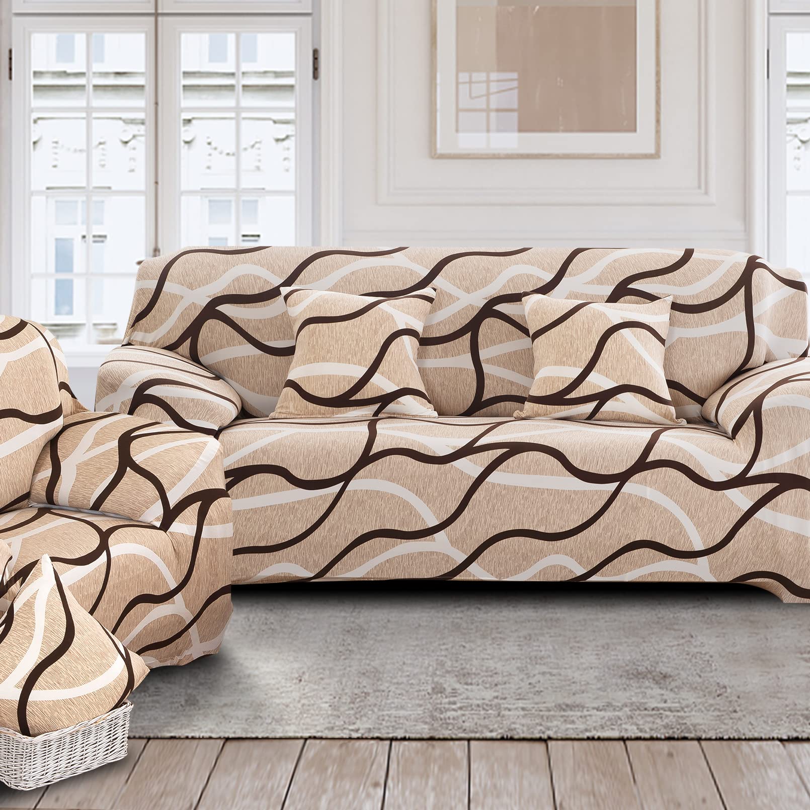 Lydevo Copridivano Elasticizzato 4 Posti Fodere Copri Divano con Braccioli con 2 Copricuscini Moderno Copridivano Fantasia Universale Antiscivolo Lavabile Divano Protector,Linee di Caffè