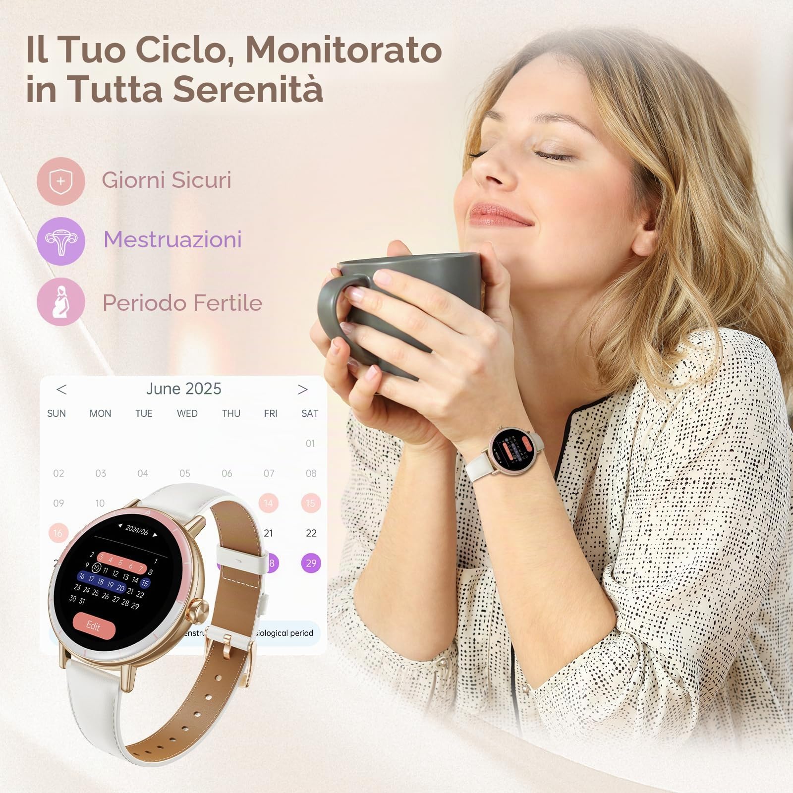Smartwatch Donna, 1,27'' HD Orologio Smartwatch Piccolo Rotondo con Cardiofrequenzimetro/SpO2/Sonno/Ciclo Mestruale, 100+ Modalità Sportive/Contapassi Smart Watch per Android iOS, Rosa/Avorio