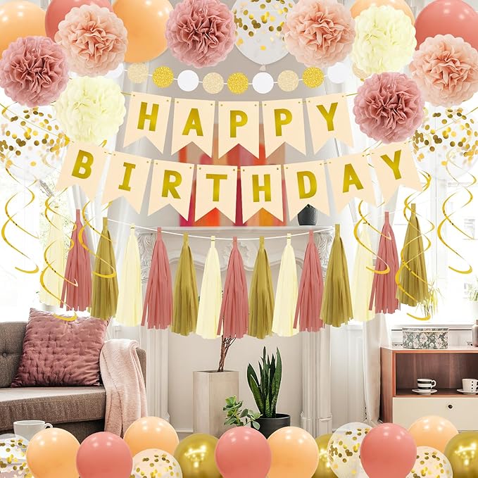 Kit Decoracion Fiesta Boho Retro Rosa Beige 61 Piezas miniatura 4