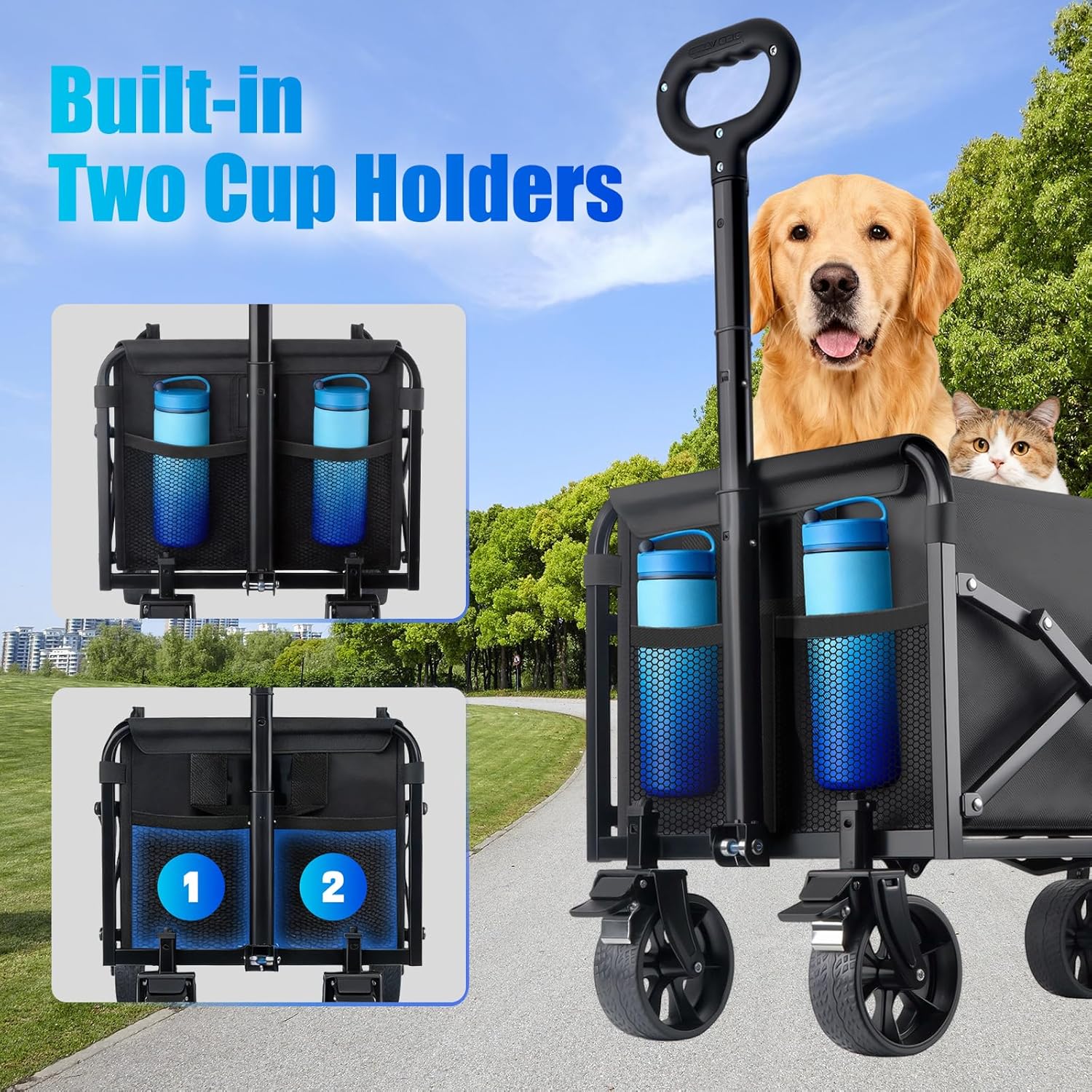 Collapsible Wagon Cart Foldable with Wheels - 360LBS Large Heavy Duty Folding Utility Wagon with All-Terrain Wheels & Brakes for Shopping Garden Beach Camping, 2 Drink Holders/Lightweight/Black