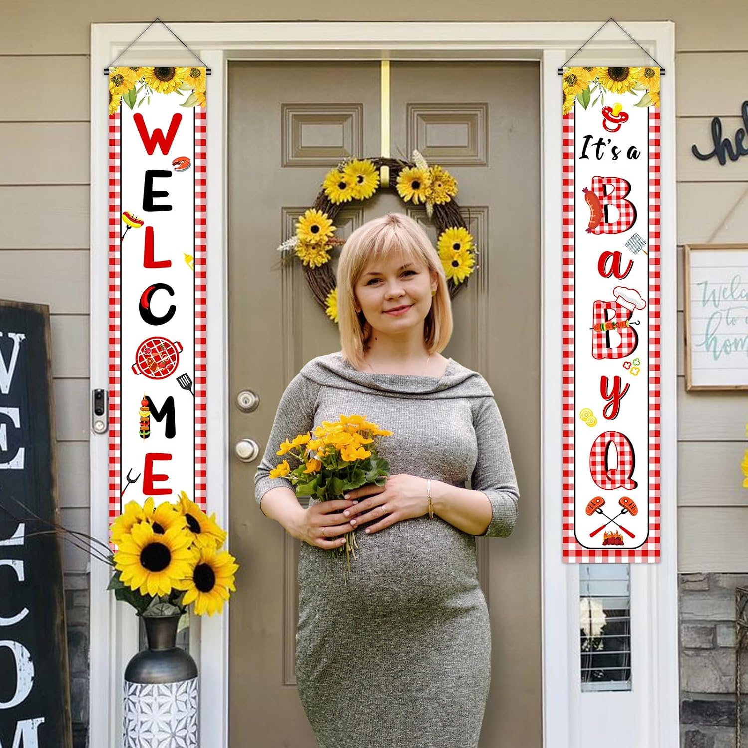 BBQ Baby Shower Decorations for Boy Girl - Babyq Baby Shower Backdrop with Its A Baby Q Porch Banner, Welcome BBQ Door Banner, Barbecue Picnic Gender Reveal Party Supplies Indoor Outdoor