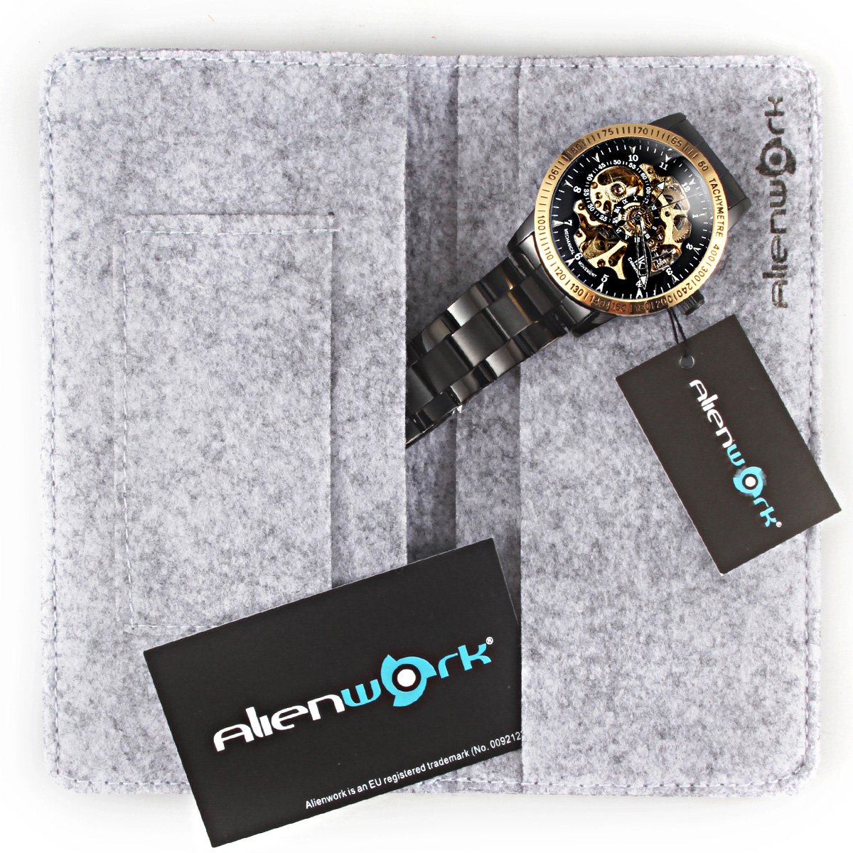 Alienwork IK Reloj Automático Hombre Mujer Negro Pulsera de Metal Acero Esqueleto Fondo de Vidrio