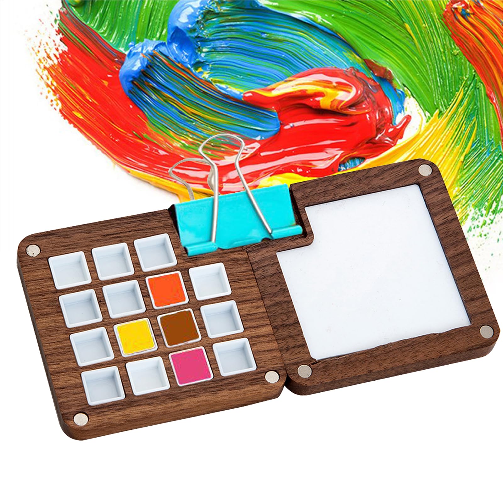 Holzsammlung Paleta Portátil para Cuaderno de Bocetos, Mini Paleta de Pintura de Viaje Vacía de Madera, Caja de Paleta Magnética de 15 Rejillas para Acuarela, Gouache con 15 Rejillas y 1 Clip