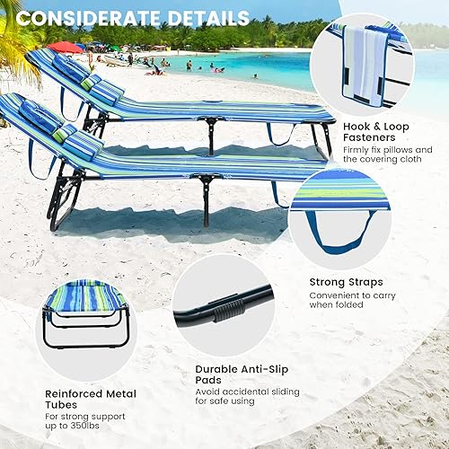 Miniatura 7 de GYMAX Silla bronceadora, silla de playa de 350 libras con orificio facial, almohada lavable y correa de transporte, tumbona plegable ajustable,