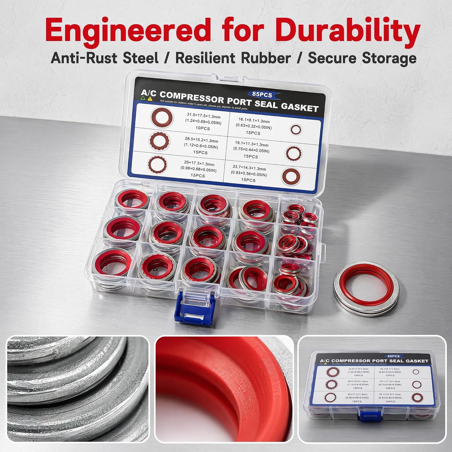 85PCS A/C O-Ring Assortment Kit, 6 Size Bonded Sealing Washers, Automotive Air Conditioning Compressor Port Gasket, Car AC Seal Gasket O Ring Kit