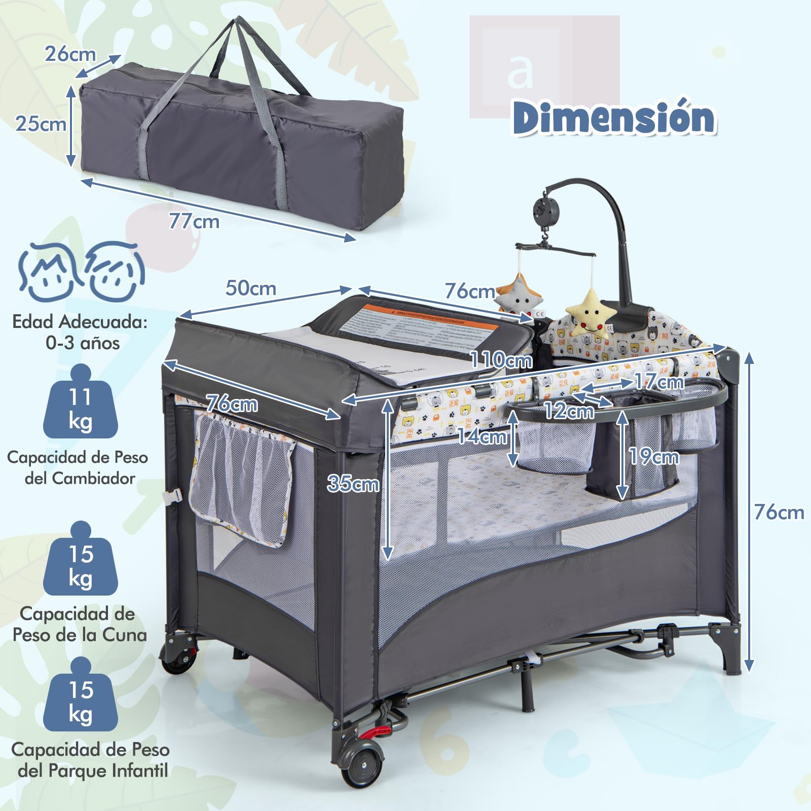 COSTWAY 5 en 1 Cuna de Viaje para Bebé con Colchón, Parque Infantil para Bebés con Cambiador de Pañales, Caja de Música y Juguetes Colgantes, Cuna Bebe con Bolsa de Almacenamiento (Gris)