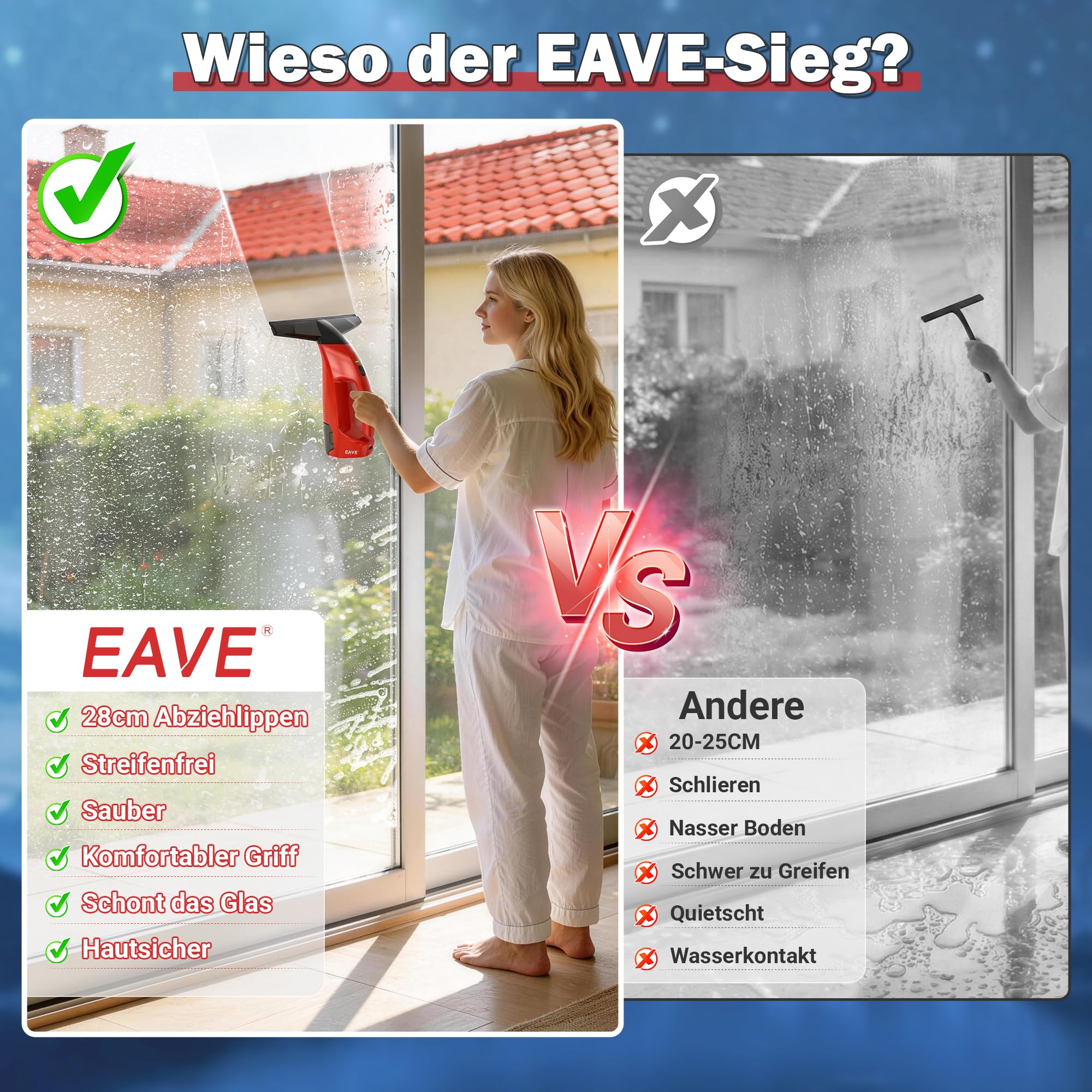 EAVE Limpiacristales Electrico, Set Limpiacristales con 45min de Autonomía, Limpia Cristales Electrico Ventanas con Boquilla de 28cm y Depósito de 200ml, Apto para Ventanas y Espejos (Rojo)