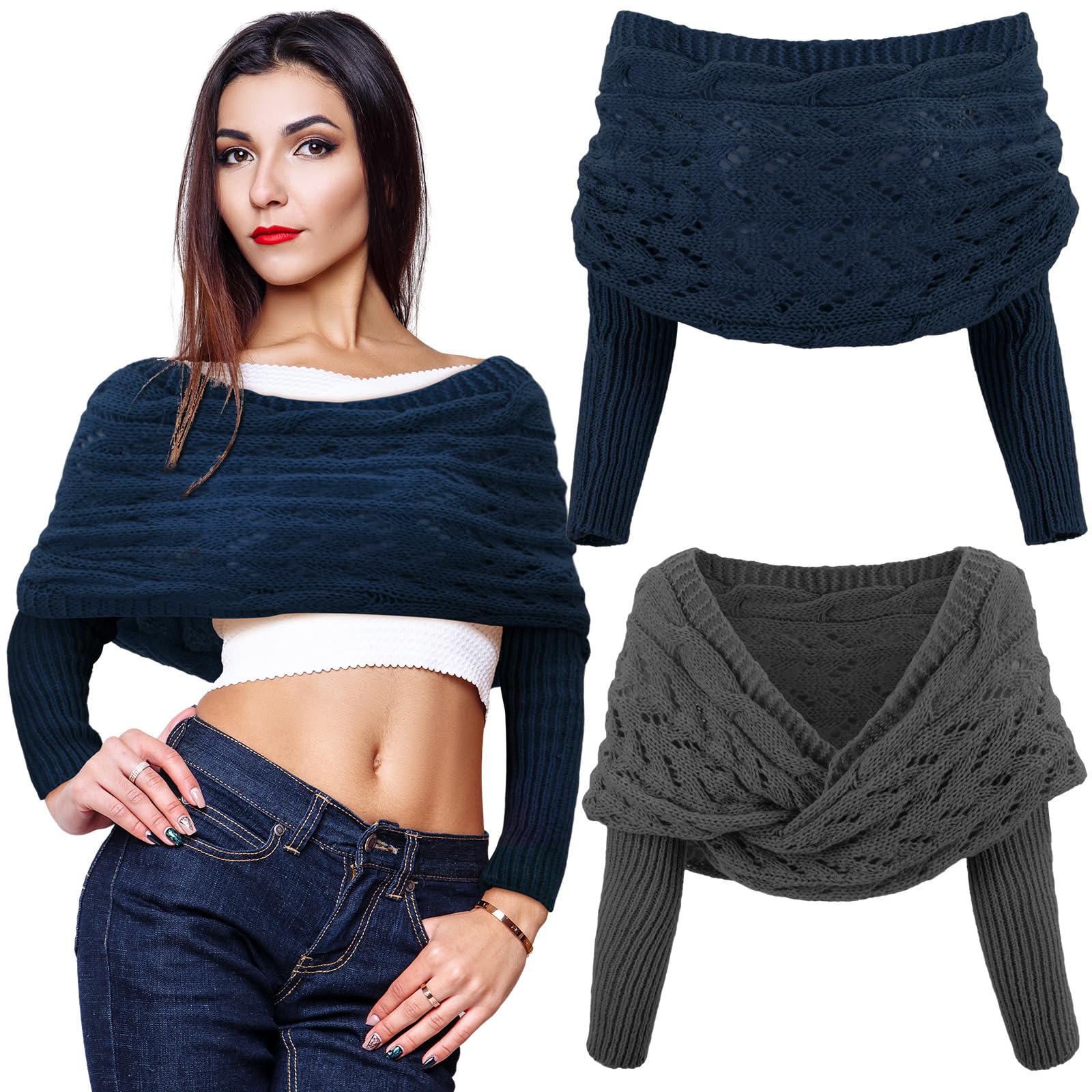Geyoga 2 Pcs Scarf with Sleeves for Women Knitted Wrap Sweater Scarf with Sleeves Shrugs for Women Wrap Shawl
