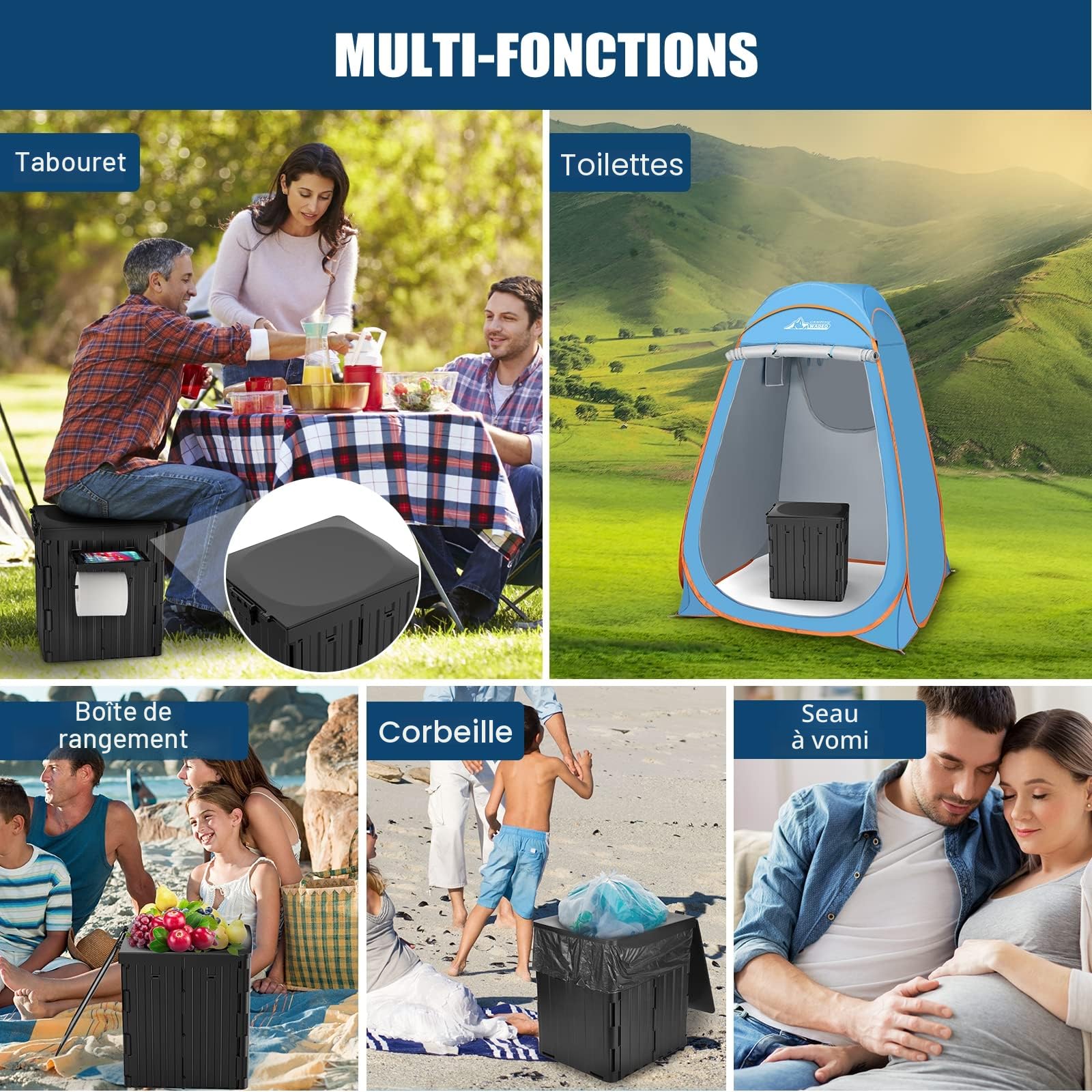 WADEO Toilettes de Camping Portables avec Porte-Mouchoir/Téléphone Portable et Urinateur, Toilettes de Camping Pliables pour Adultes, Convient pour Randonnée, Camping, Voyage, Embouteillage (Noir)
