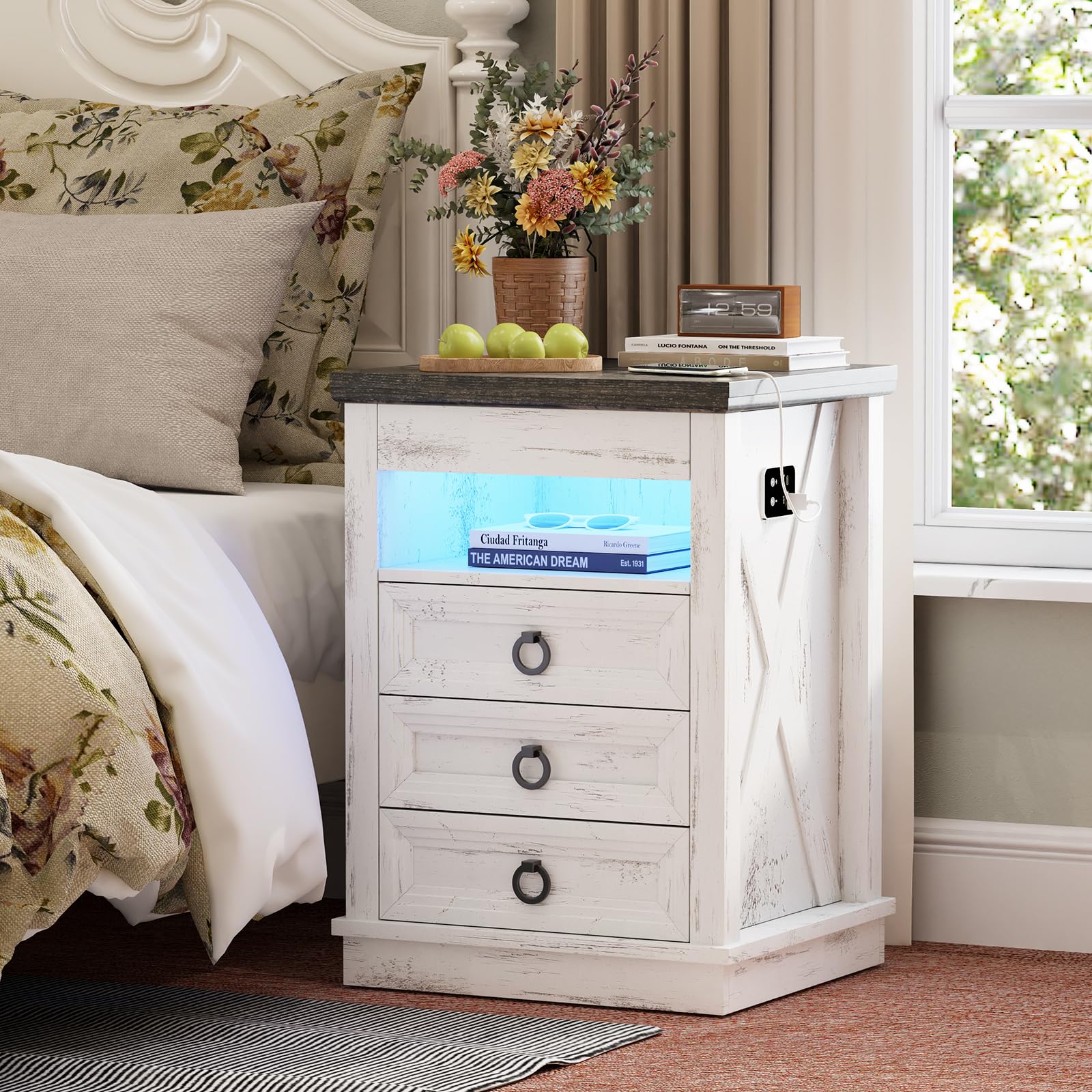 Gurexl Smart Bedside Table with Hidden Drawer and Charging Station,Rustic Nightstand with Sensor LED Lights,Bedside Cabinets with 4 Drawers Open Compartment for Bedroom Living Room,White