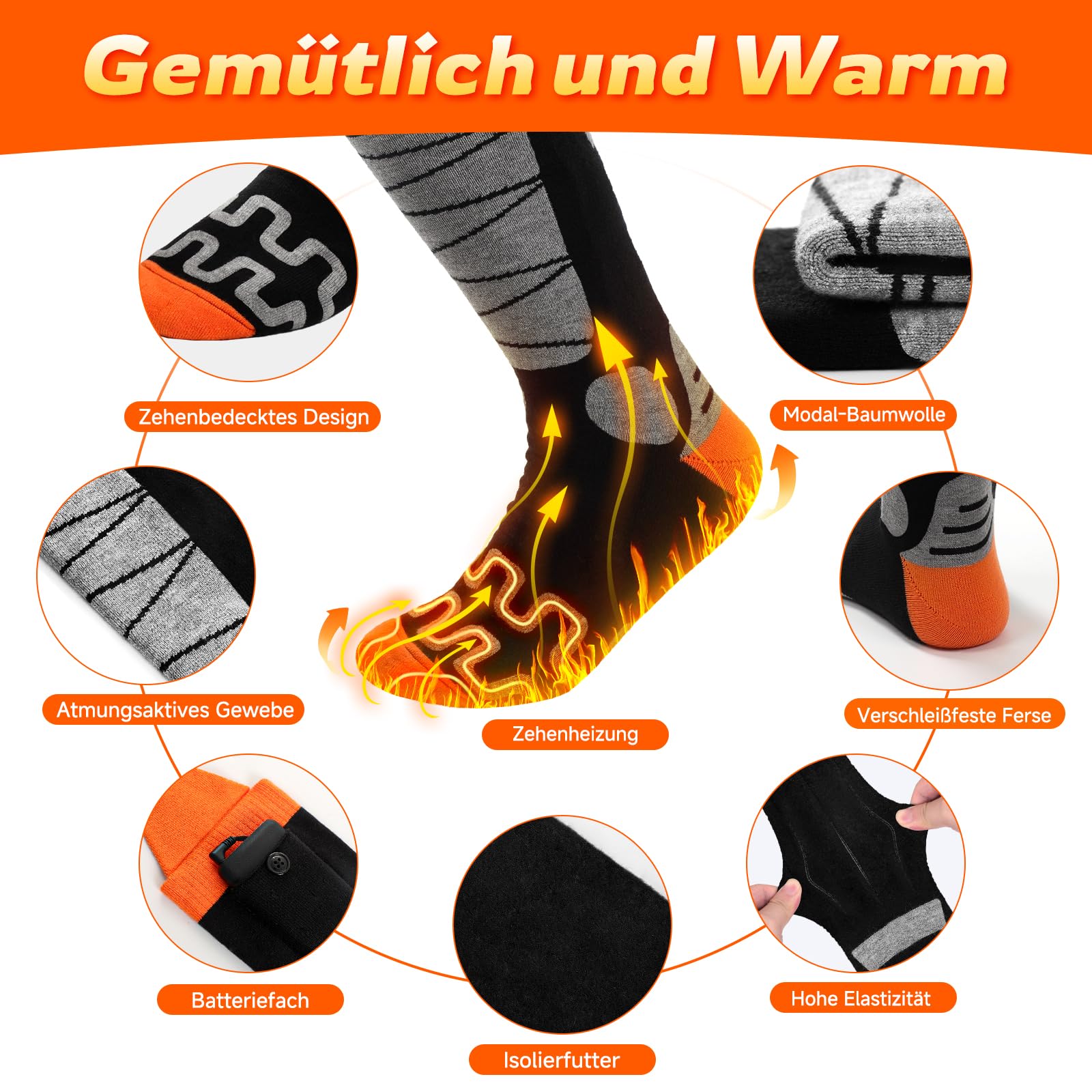 Beheizbare Socken, 5000mAh x 2 Akku Heizsocken mit APP Steuerung, Fußwärmer Elektrisch Beheizte Damen Herren, Wiederaufladbare Wärmende Heizung 4 Temperatur für Skifahren Radfahren Camping