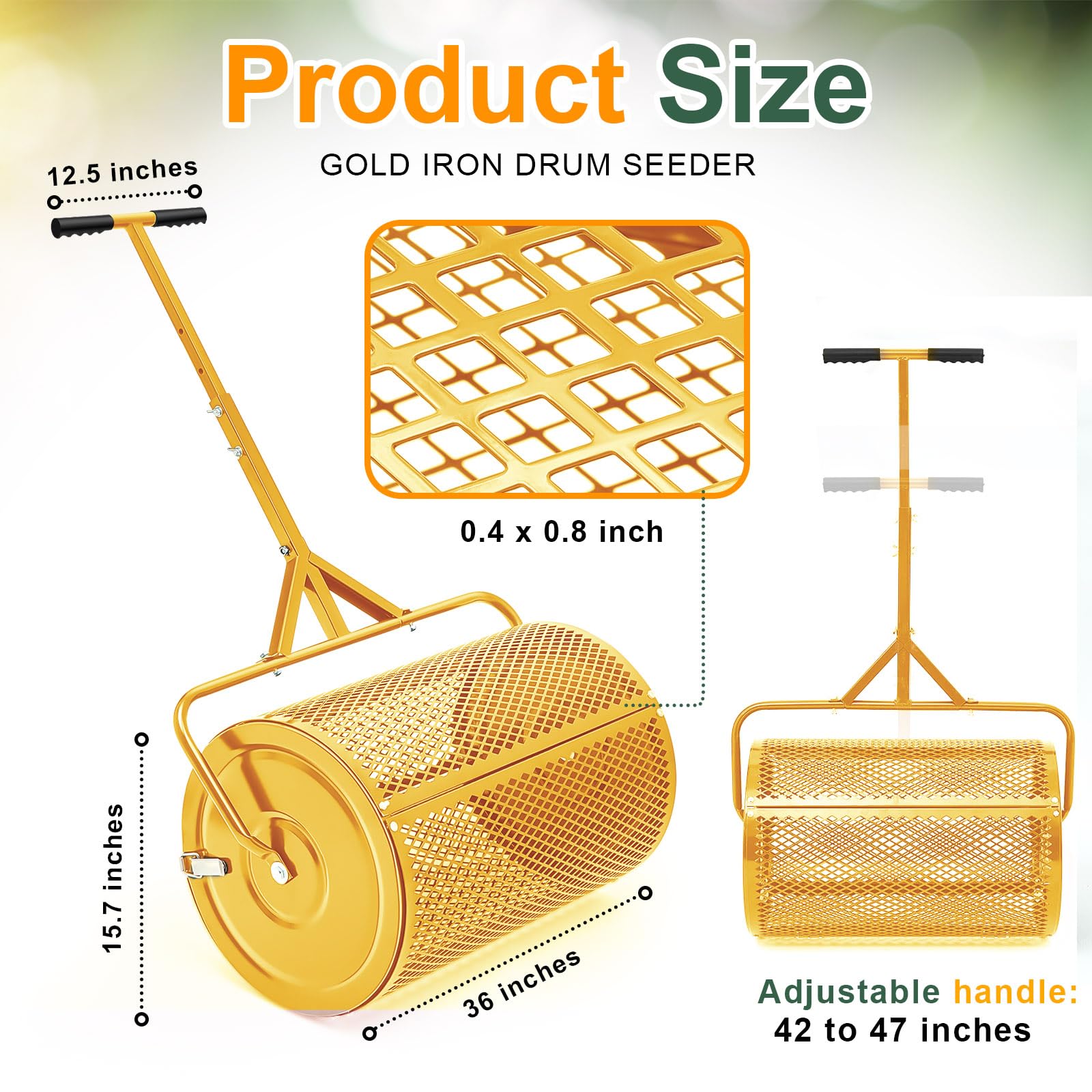 Hiboom Esparcidor de abono de turba para jardín, Tierra Superior, Tierra, esparcidor de Gotas de Semillas con Mango Ajustable en Forma de T, esparcidor de Malla de Metal Ligero para Patio (Dorado,