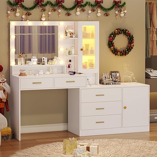 Miniatura 9 de Tocador de maquillaje grande con luces, escritorio de tocador con espejo, juego de mesa de tocador moderno con cajón, estación de carga y gabinetes
