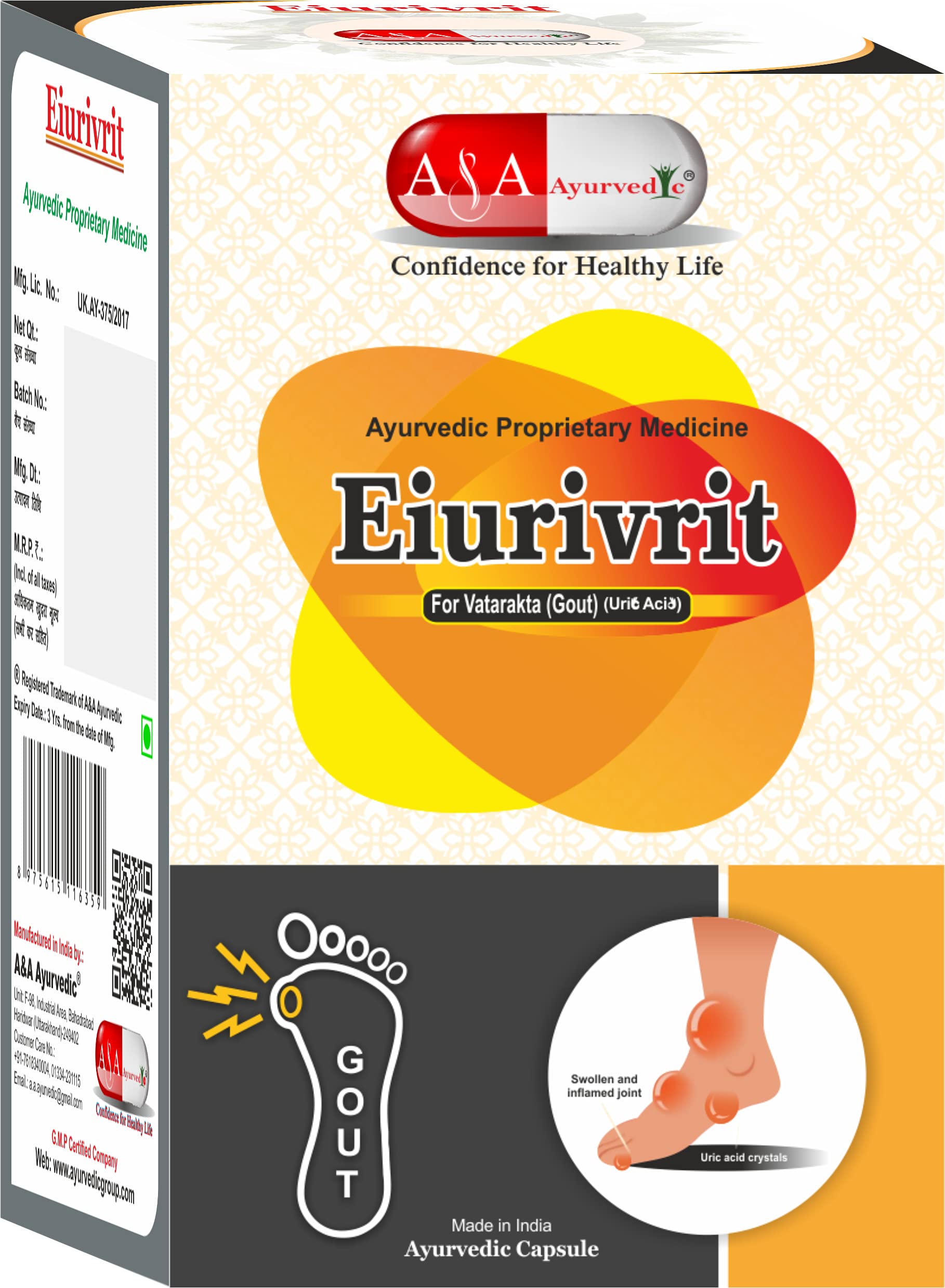 A&A Ayurvedic Eiurivrit Uric Balance | Balancing uric acid naturally | Uric acid control medicine I Uric acid balance I Gout control medicine 60caps…