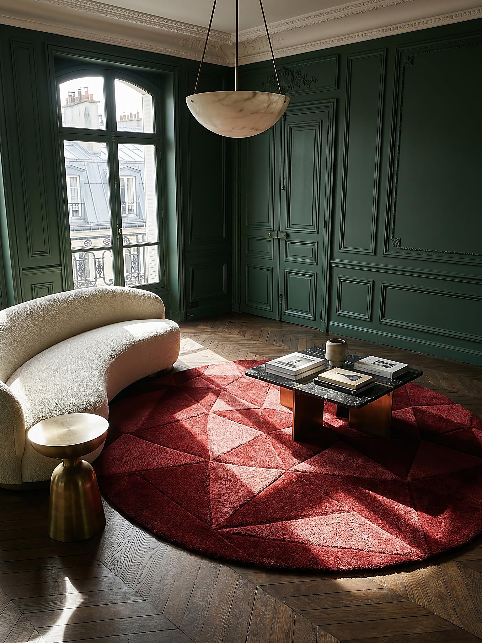 Tapis en Laine Motif Géométrique Dense et Robuste Rouge Ø 160 cm Rond Salle à Manger | DEBEN