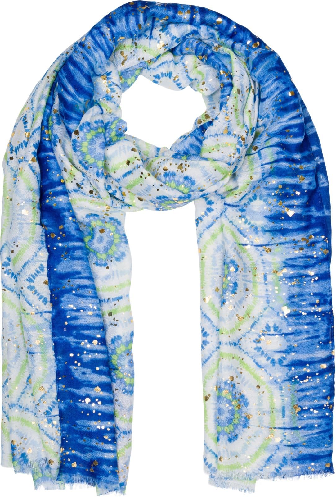 Stylebreaker Women's Blue-Green Scarf Batik Pattern With Metallic Stripes, Lightweight Boho Style Shawl With Short Fringes 01016230, Colour: