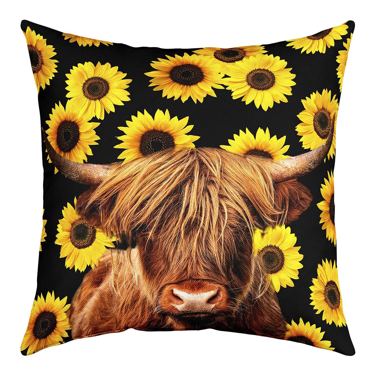 Richhome Multi 2 Highland Cow Pillow Cover Yellow Sunflower Cattle Pattern Cushion Cover For Kids Teens Adults Wild Animal Flower Rustic Style Pillow Case For Room Decor Couch Sofa 18X18 Inch