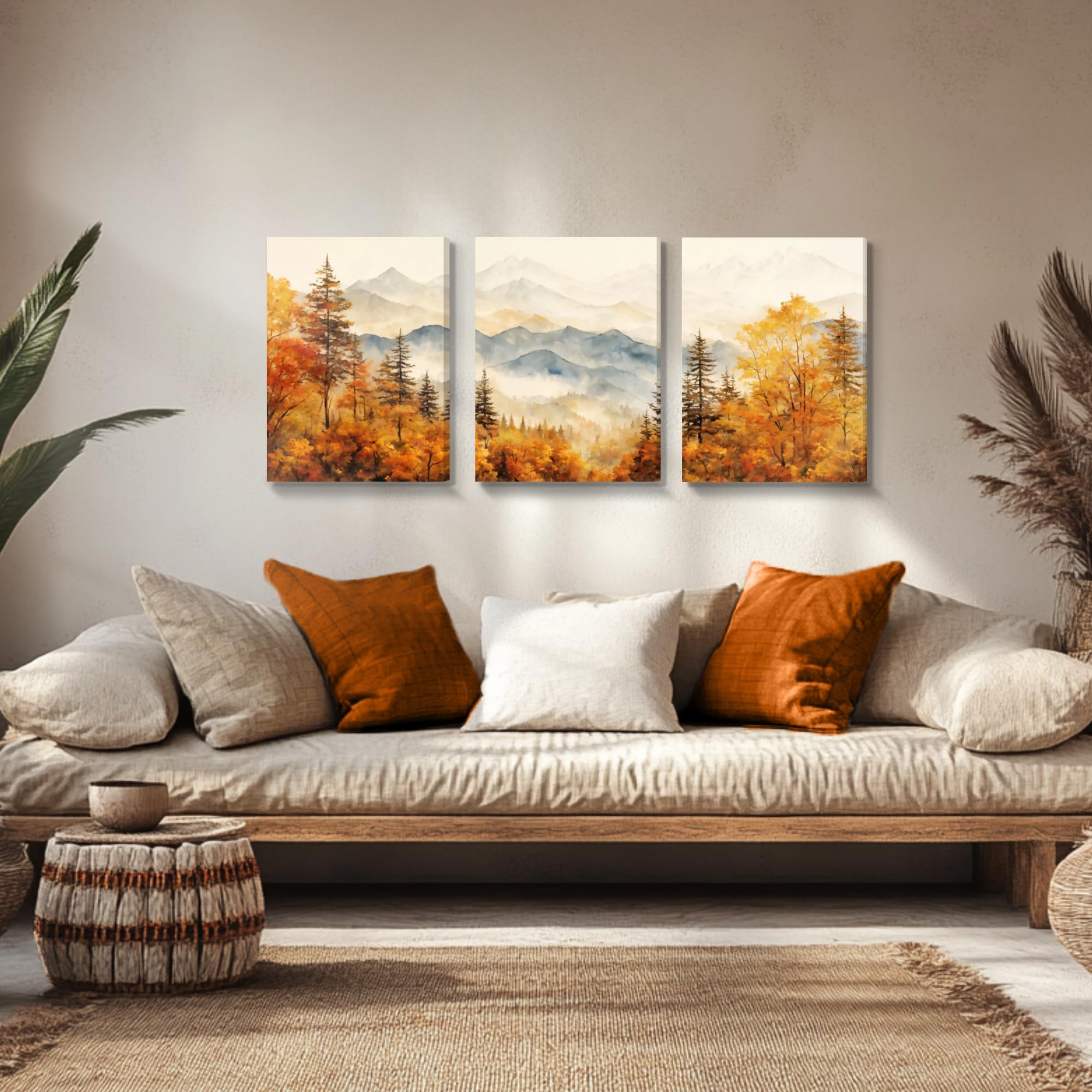 MHARTK66 Aquarell Gold Wald Leinwand Bilder Set Wohnzimmer, Herbst Durchgehende Bergkette Landschafts Wandbild Schlafzimmer, Gelb Abstrakt Bilde Aesthetic, Modern Minimal Wandeko Badezimmer Flur Büro