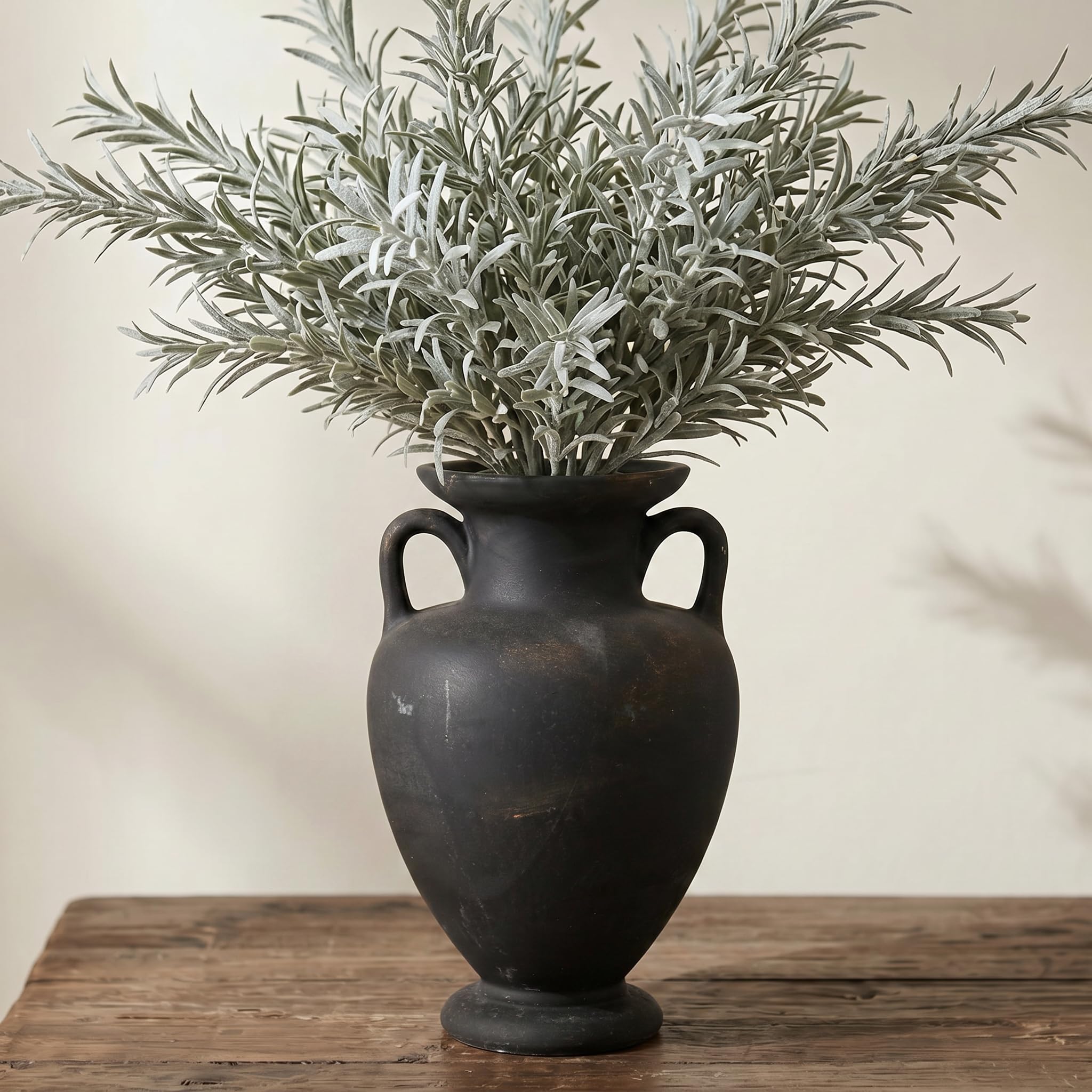 KRYSTHIA Black Ceramic Vase, Decorative Terracotta Vase with Handle, Round Rustic Vases for Home Decor, Farmhouse Vintage Vases for Living Room, Bedroom, Office, Kitchen, Coffee Table