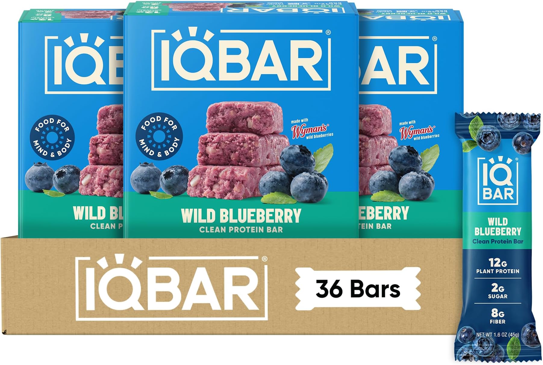 IQ BAR Brain and Body Plant Protein s - Wild Blueberry - 36 Count, Low Carb, High Fiber, Gluten Free, Healthy Vegan Snacks - Low Sugar Keto Pack