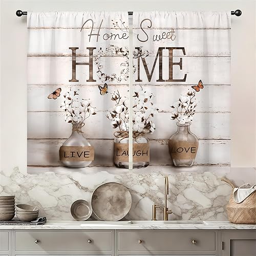 Miniatura 24 de Cortinas de cocina con estampado floral verde azulado de 27.5 pulgadas de ancho x 39 pulgadas de largo, 2 paneles con bolsillo para barra, rústicas,