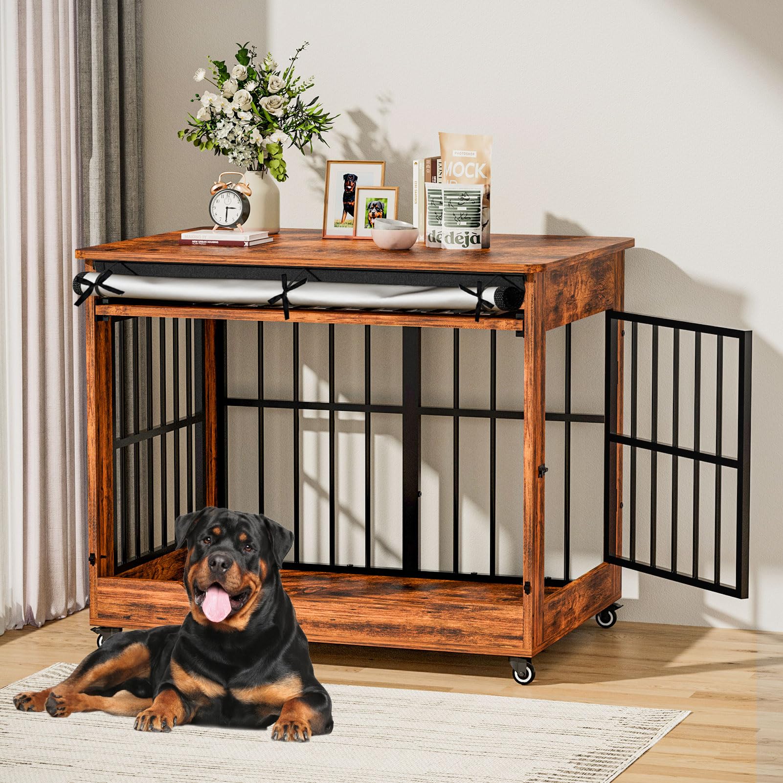 46" Large Dog Crate Furniture, Double Door Wooden Indoor Dog Kennel Furniture, Decorative Pet Cage End Table with Wheels for Extra Large Breed Dogs, Size 2XL, Vintage Brown