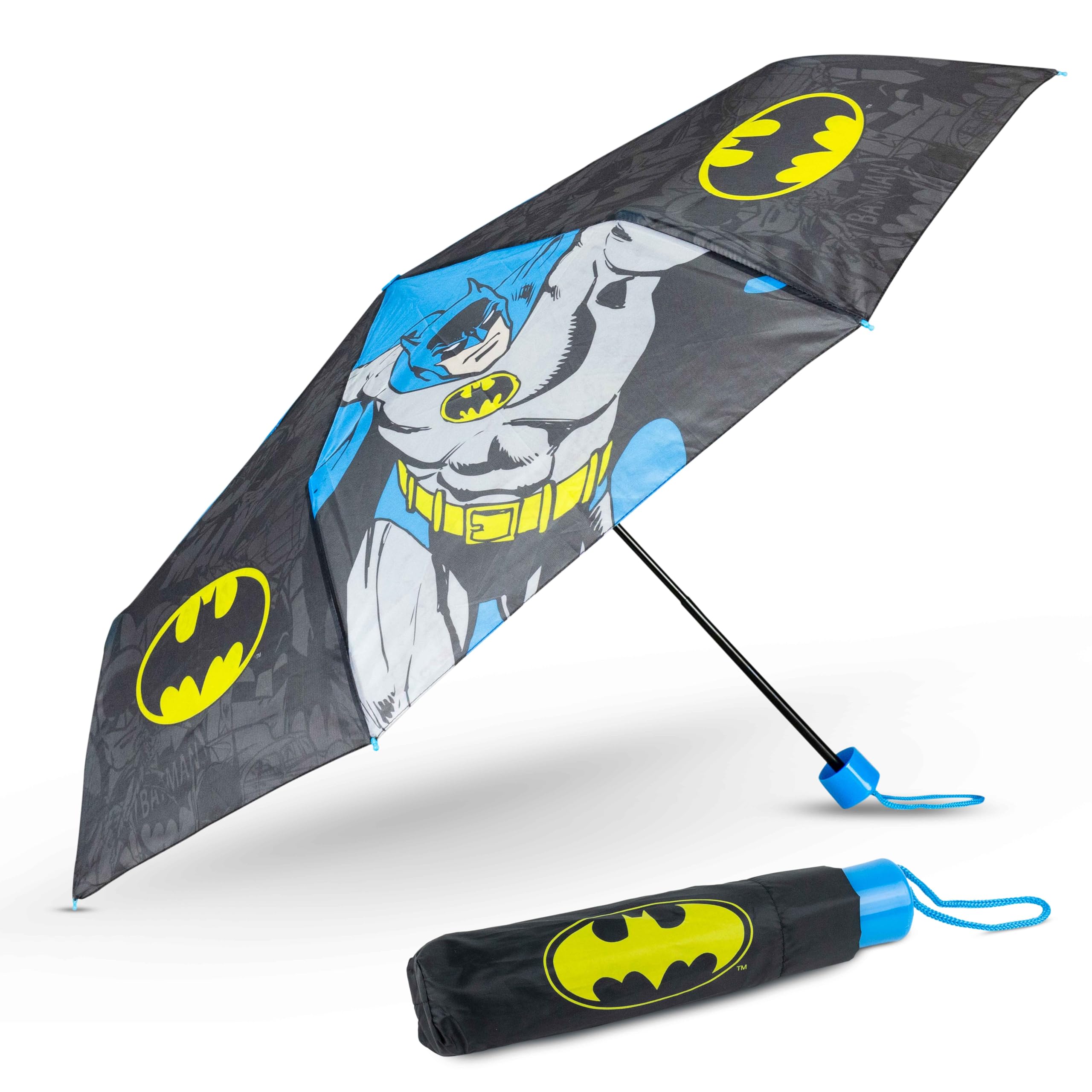 BONNYCO Kids Umbrella Windproof Strong Batman. Black Umbrella Compact with Reinforced Structure, Folding Brolly for Bag, Backpack or Travel. Mini Pocket Brolly, Original Gifts for Boys Batman