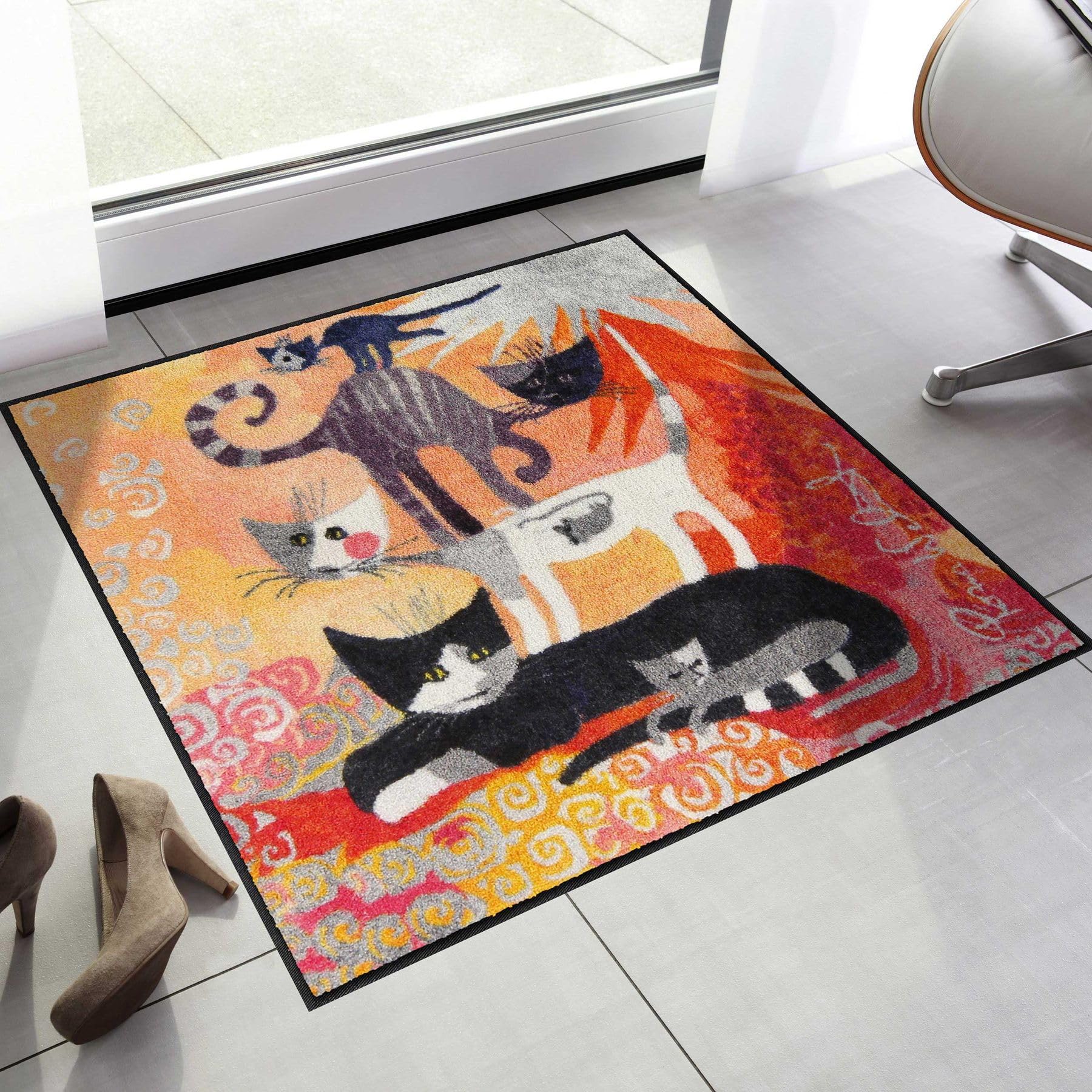Efia Rosina Wachtmeister 85x85 cm Fußmatte außen innen Lifestyle Katzenturm Eingangs-Matte quadratisch Wohn-Teppich waschbar bunt Fußabtreter groß