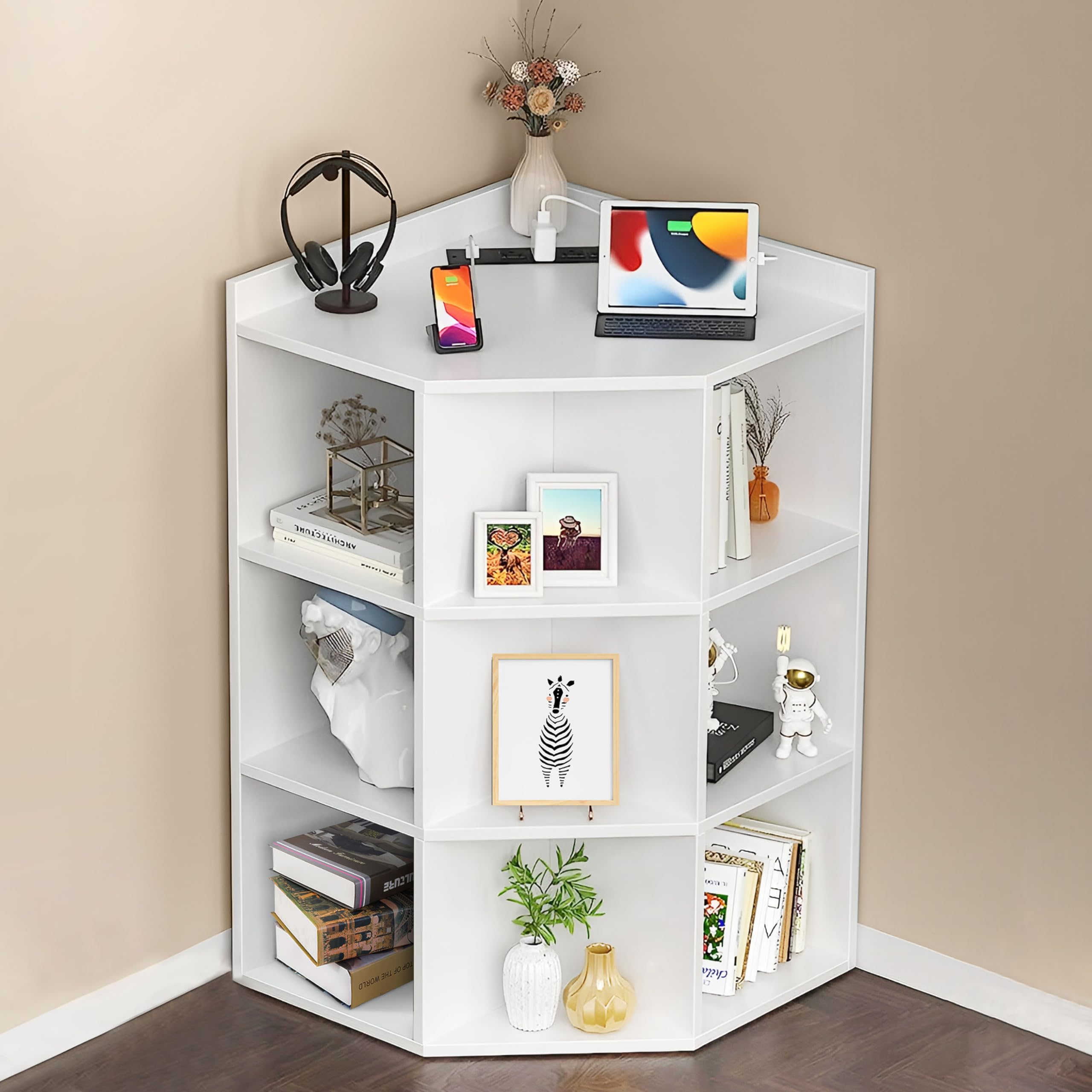 Rengue Corner Cabinet, 9 Cubes Corner Bookshelf with Charging Station, Corner Storage Cabinet Triangle Bookcase with USB Ports and Outlets for Living Room, Bedroom, Small Spaces, White