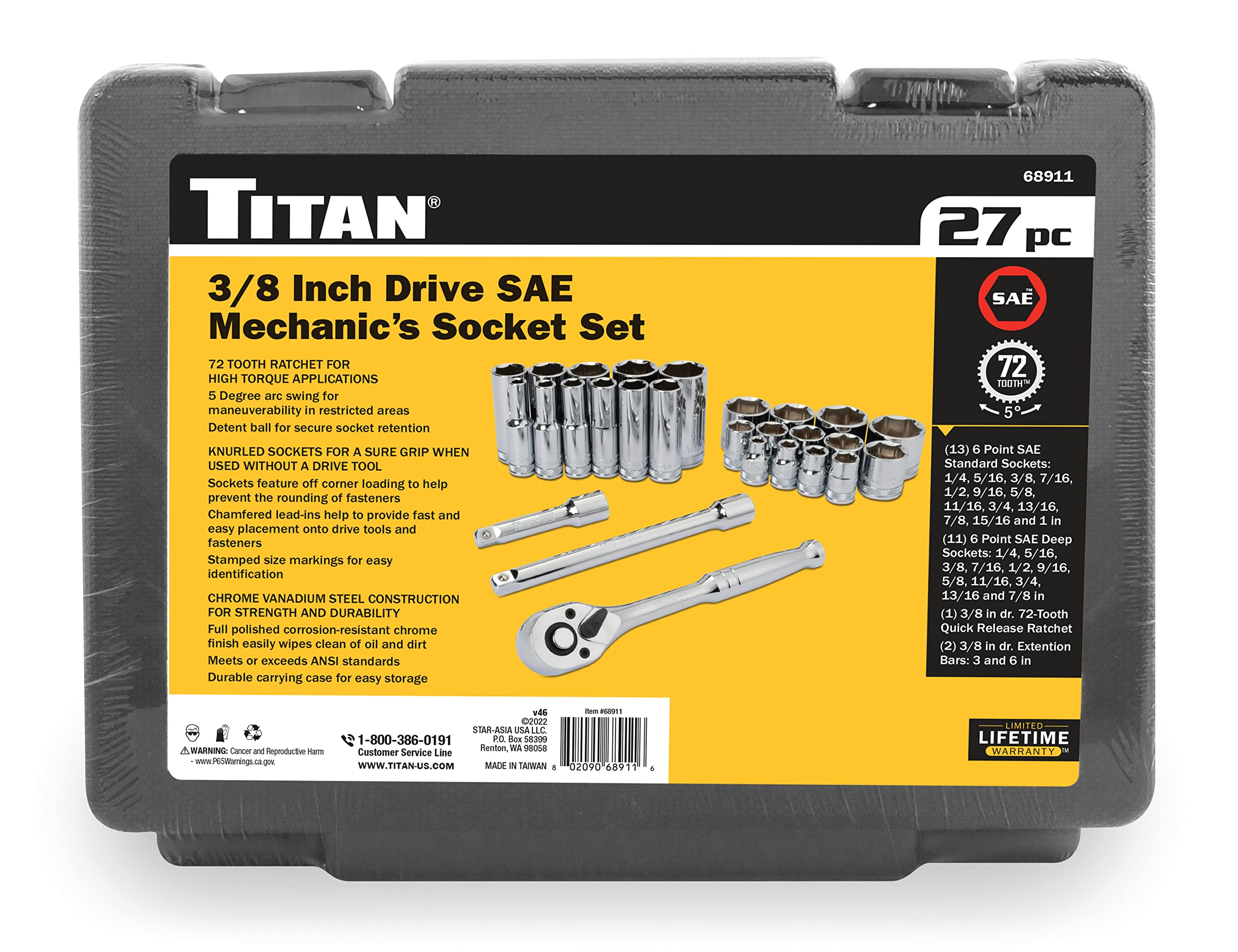 TITAN 68911 27 pièces 3/8" Mécanisme d'entraînement SAE Douille et cliquet Set