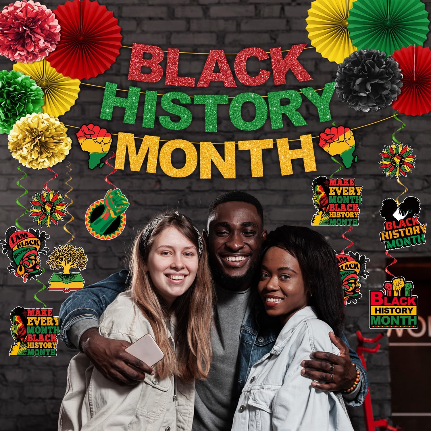 Black History Month Decorations, NO-DIY Black History Decorations Include 1pc Black History Month Banner, Paper Pompoms and Black History Month Hanging Swirls, Black History Month Decorations for Classroom