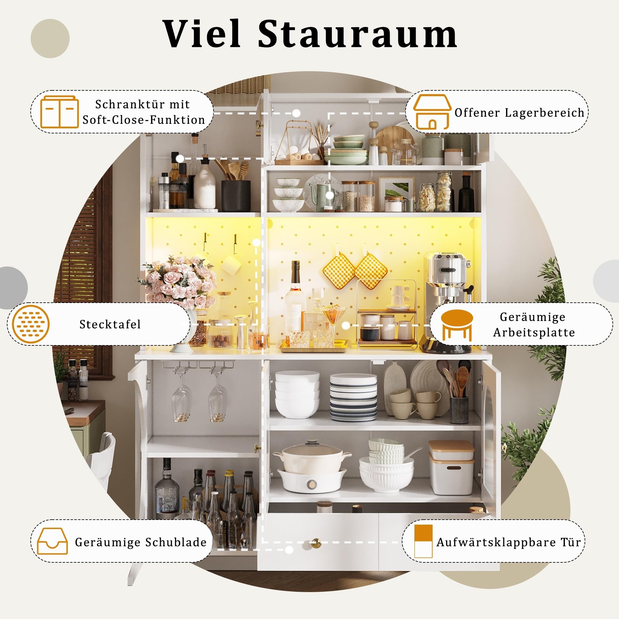 Aparador Cocina Alto Armario Cocina con Enchufe y LED, Alacena de Cocina con Puerta Vidrio y Placa Orificio, Mueble Aparador con Portavaso y Cajón, Dispositivo Antivuelco, 120x40x176 cm, Blanco