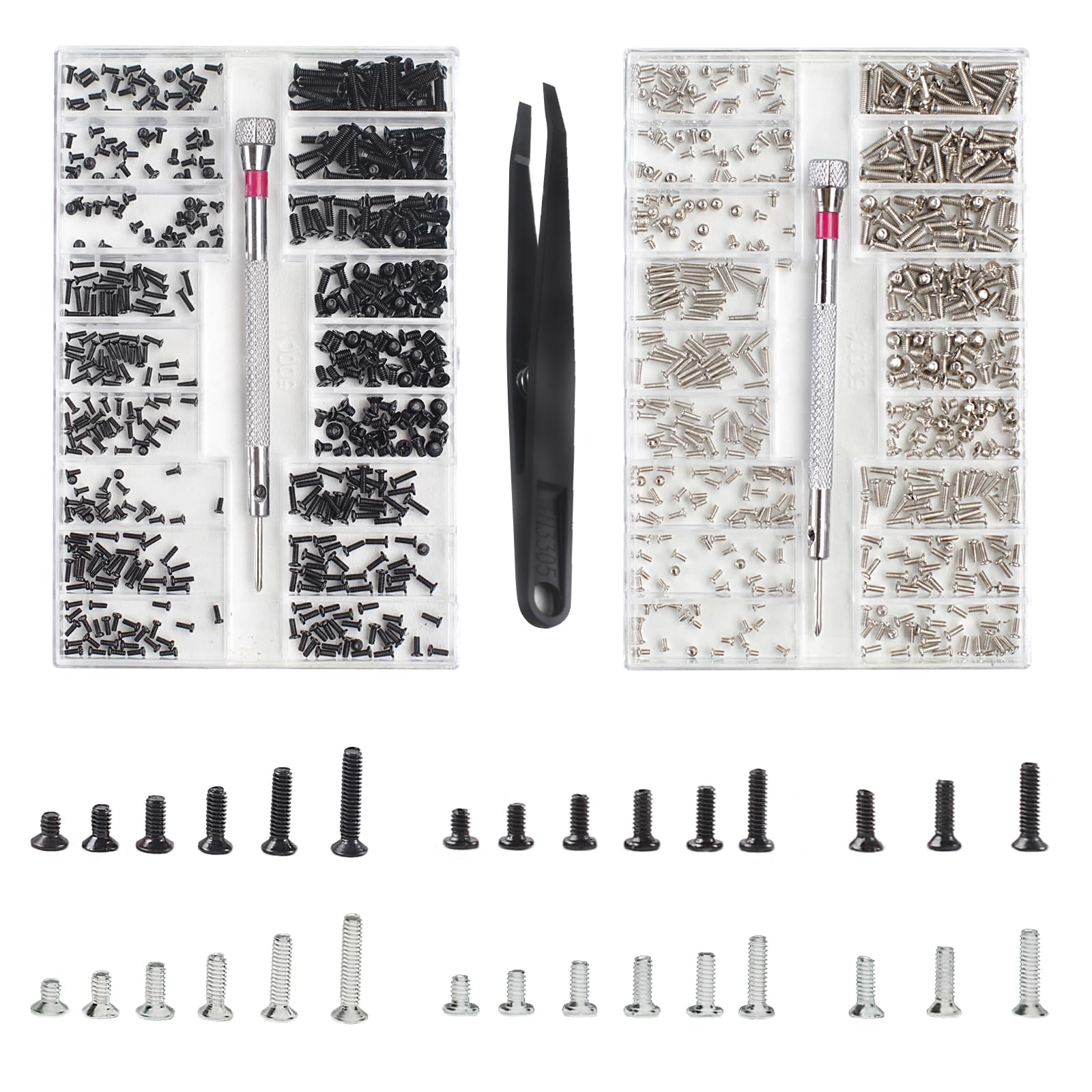 Hopton 1000 Stück Kleine Schrauben Set,M1.2 M1.4 M2 Schrauben Sortiment Kit | 18 Größen PC Schrauben Set, Brillenschrauben Set mit Schraubendreher Pinzette, Mini Schrauben zur Uhren, Brillen, Computer