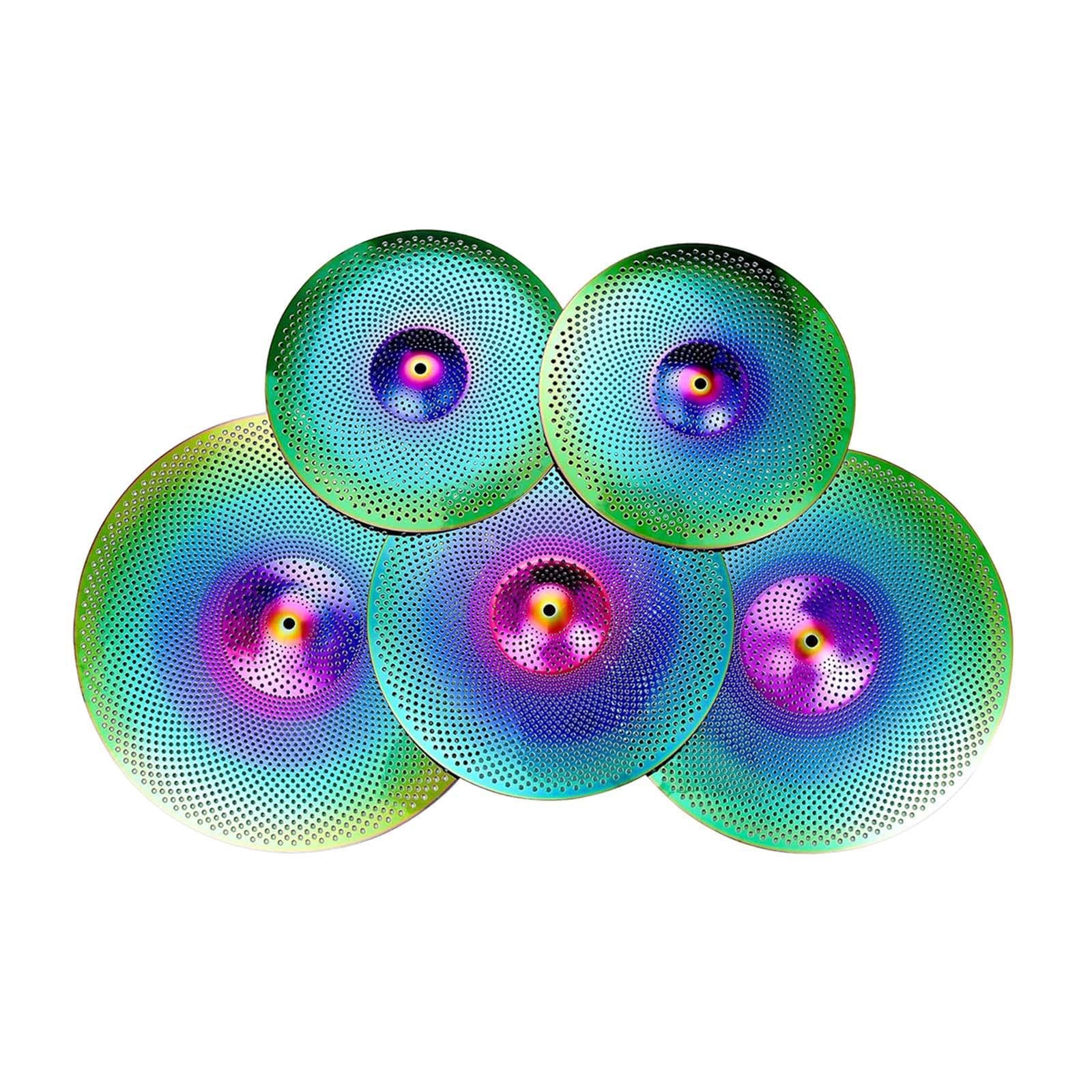 Colcolo Cymbals de bajo volumen 5x Pack Mute Cymbal Juego de principiantes Regalo ligero para la práctica de Drmer para la habitación de la sala de ensayo, Vistoso