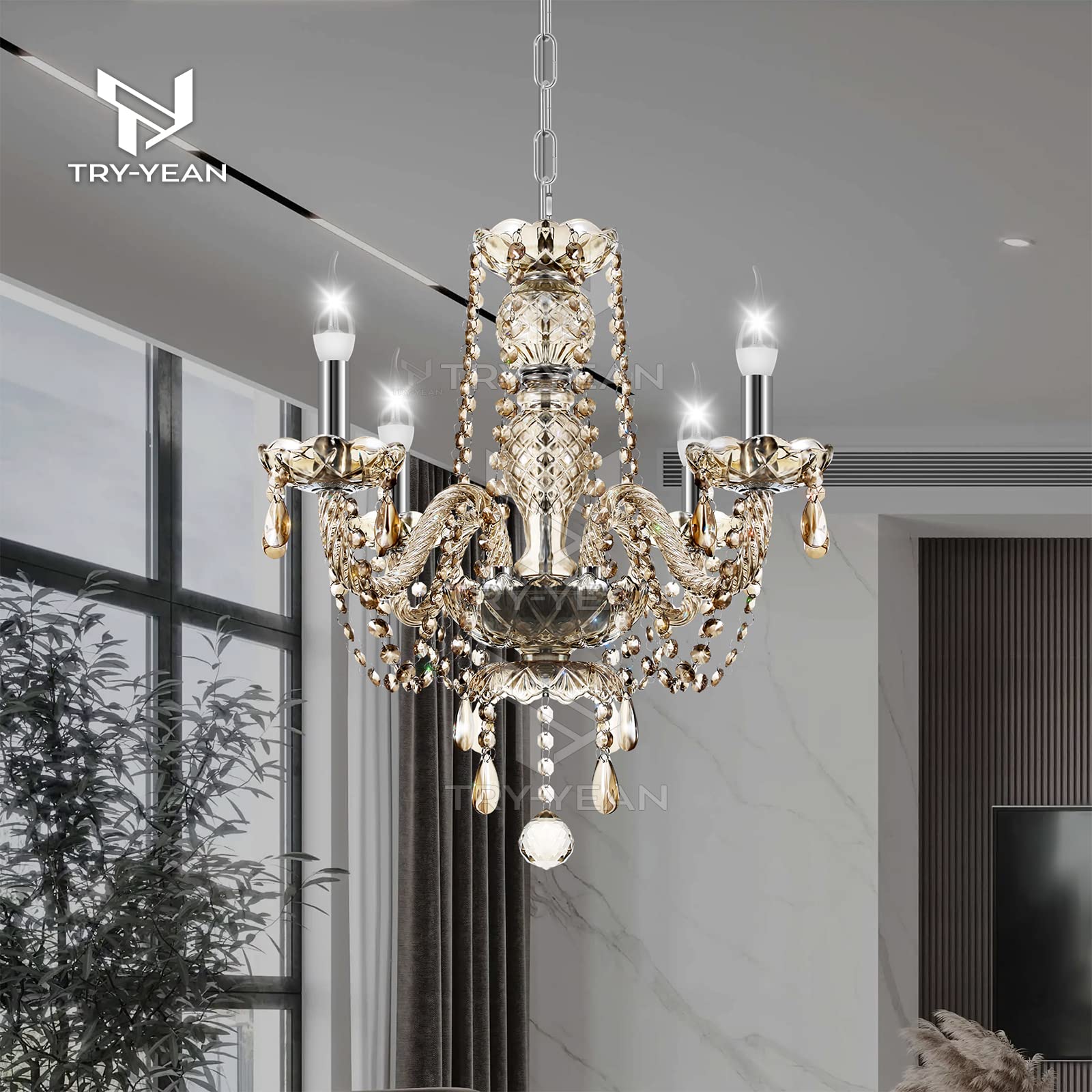 Lustre Cognac en Cristal 4 Bras Moderne Lampe de Plafond E14 Lustre Cristal K5 Suspension Pampilles 56cm avec Chaîne Réglable pour Salon Chambre Entrée De Couloir