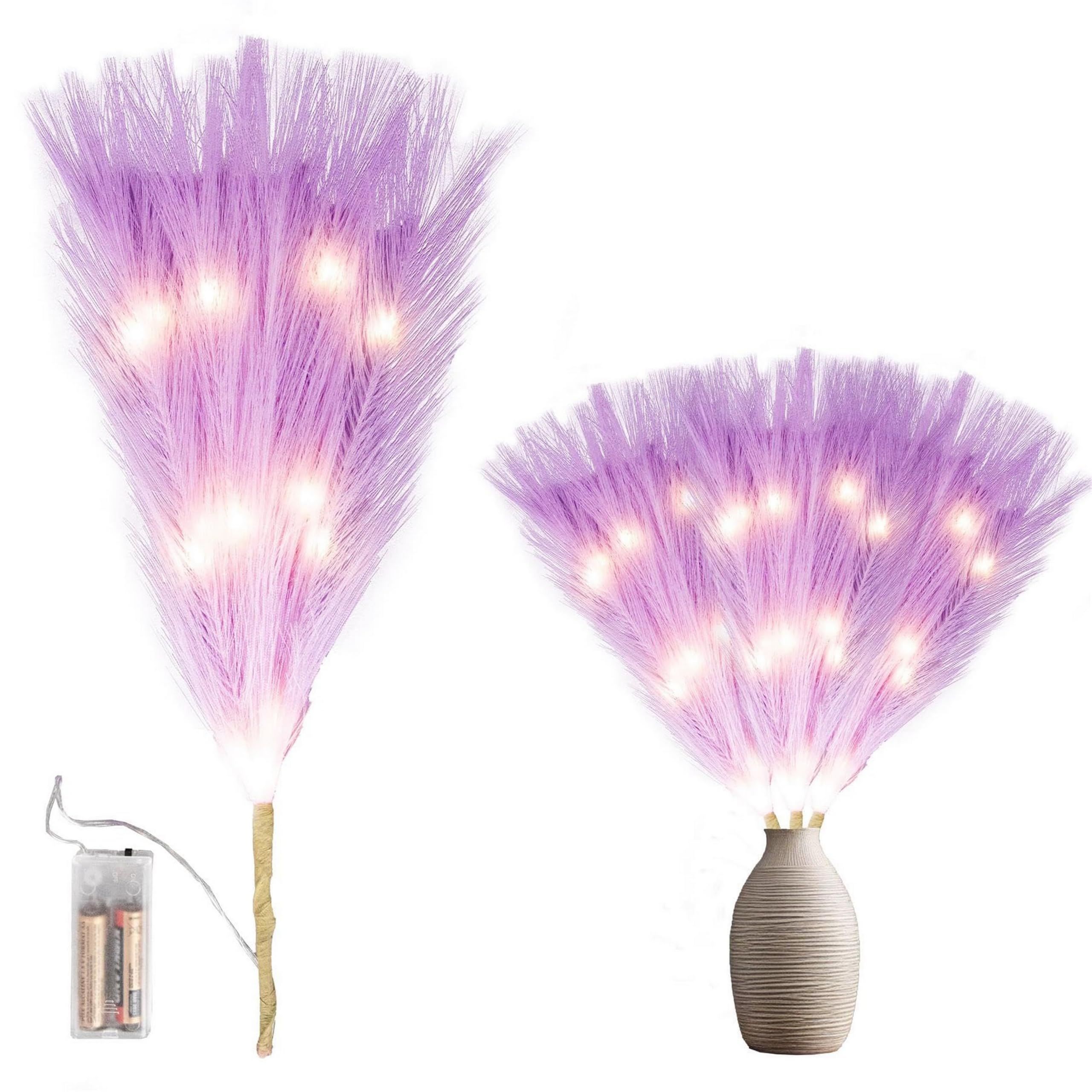 2Pcs - 45cm Prelit Purple Pampas Grass Stem, Warm White LEDs Battery-Operated Christmas Artificial Flowers for Boho Wedding Bedroom Living Room Decorations