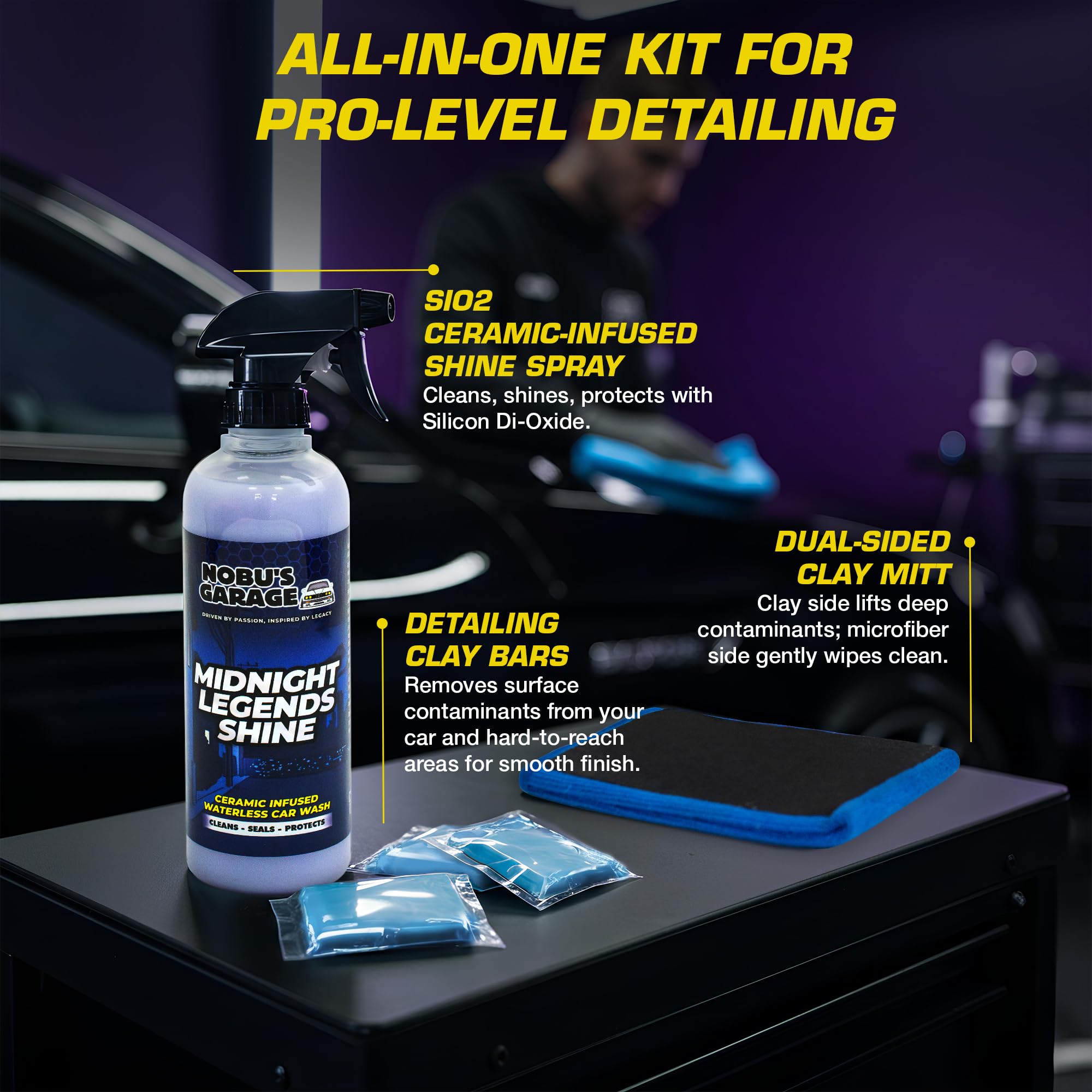 Nobu's Garage- Spray para detalles de automóviles con barra de arcilla y guante de arcilla, suministros para detalles de automóviles sin agua con infusión de cerámica, limpiador seguro para superficie