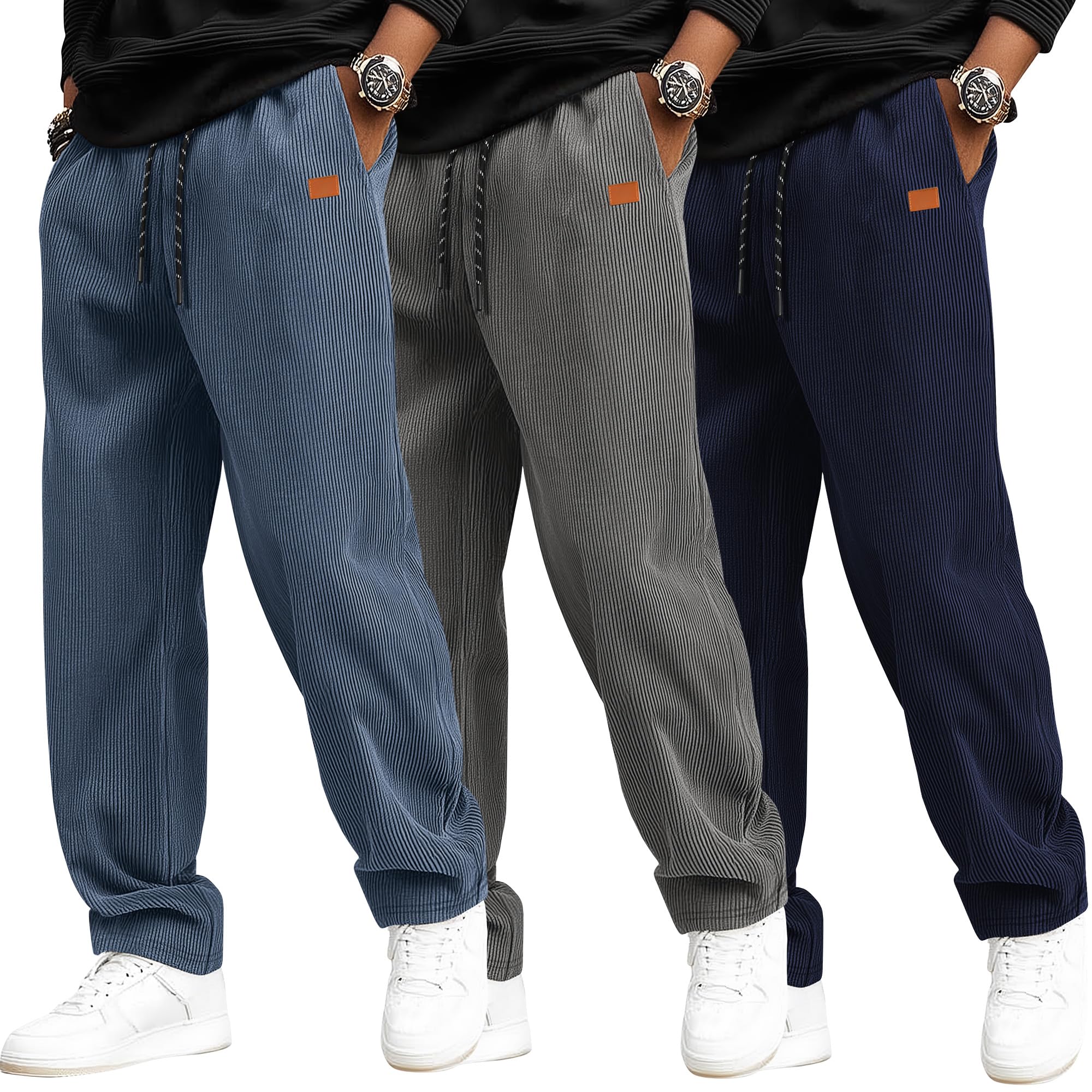 Neer 3 Pack Mens Corduroy Pants Casual Drawstring Elastic Waist Straight Leg Loose Fit Baggy Sweatpants with Pockets