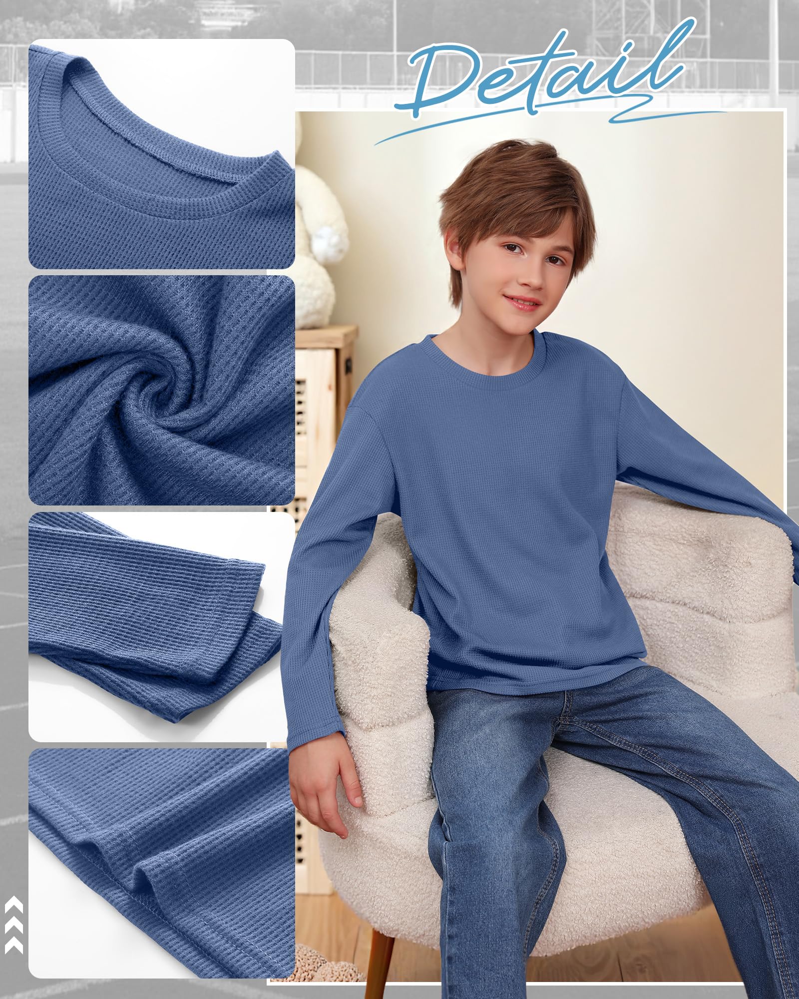 Clabby 3er-Pack Waffel-Langarm-T-Shirts für Jungen (5-14 Jahre), Kinder-Thermo-Tops, Jugend-Shirts, Basic-T-Shirts