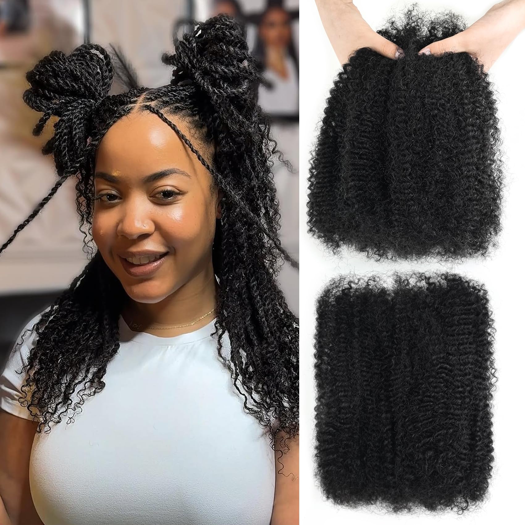16 Inch Afro Kinky-Curly Human Hair Bundles Black Human Kinkycurly Bulk for Twist Afro Kinkys Bulk Human Hair for Mini Twist,Repair Locs, Dreadlock