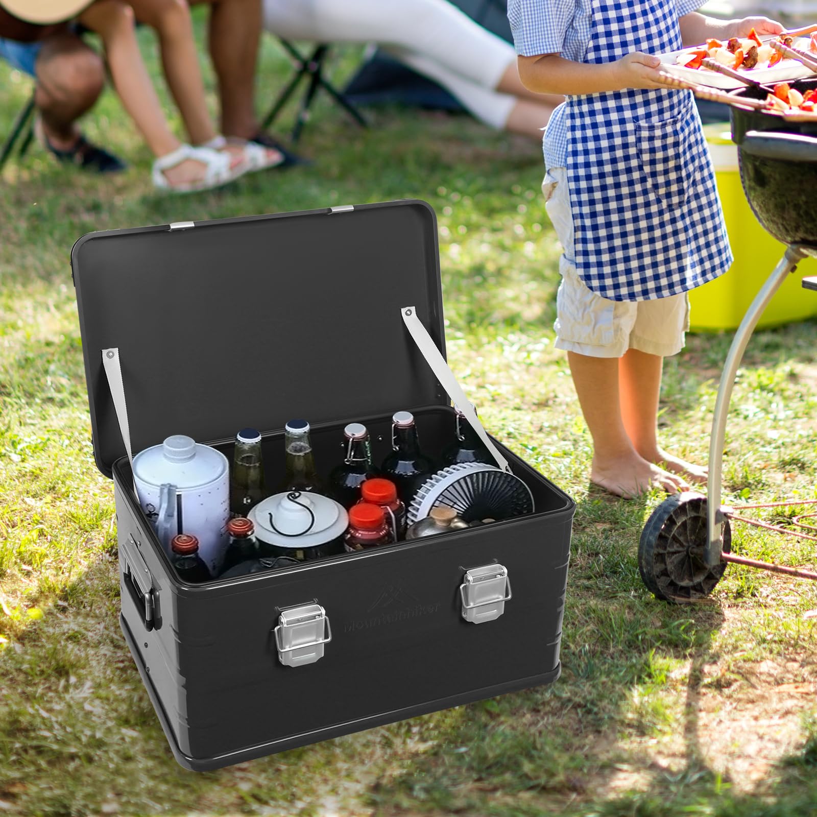 Boîte de rangement avec couvercle - 50 l - En alliage d'aluminium - Organiseur de camping pour l'organisation et le rangement - Noir