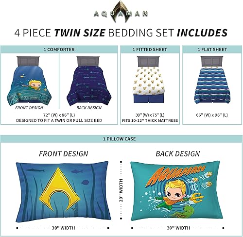 Miniatura 4 de Aquaman - Juego de edredón y sábanas para niños, 4 piezas, tamaño individual, por Franco