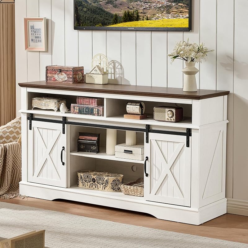 ROCKPOINT 58 Inch Farmhouse Entertainment Center,TV Stand with Sliding Barn Doors & Storage Cabinet,Highboy Media Console Fits Up to 65 Inch TVs for Living Room,White