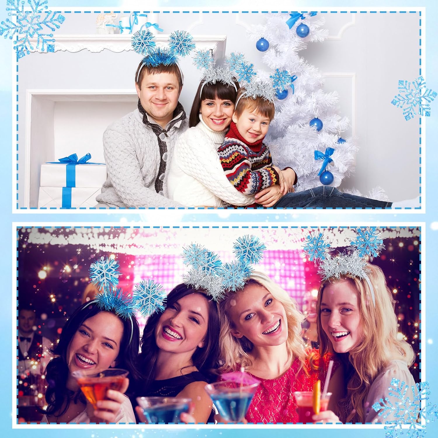 Knitgrip 6 Pcs Winter Snowflake Party Favors Headband with Snowflake Boppers Headdresses White Blue Navy Blue Headdresses for Winter Themed Wonderland Party Supplies Holiday Supplies